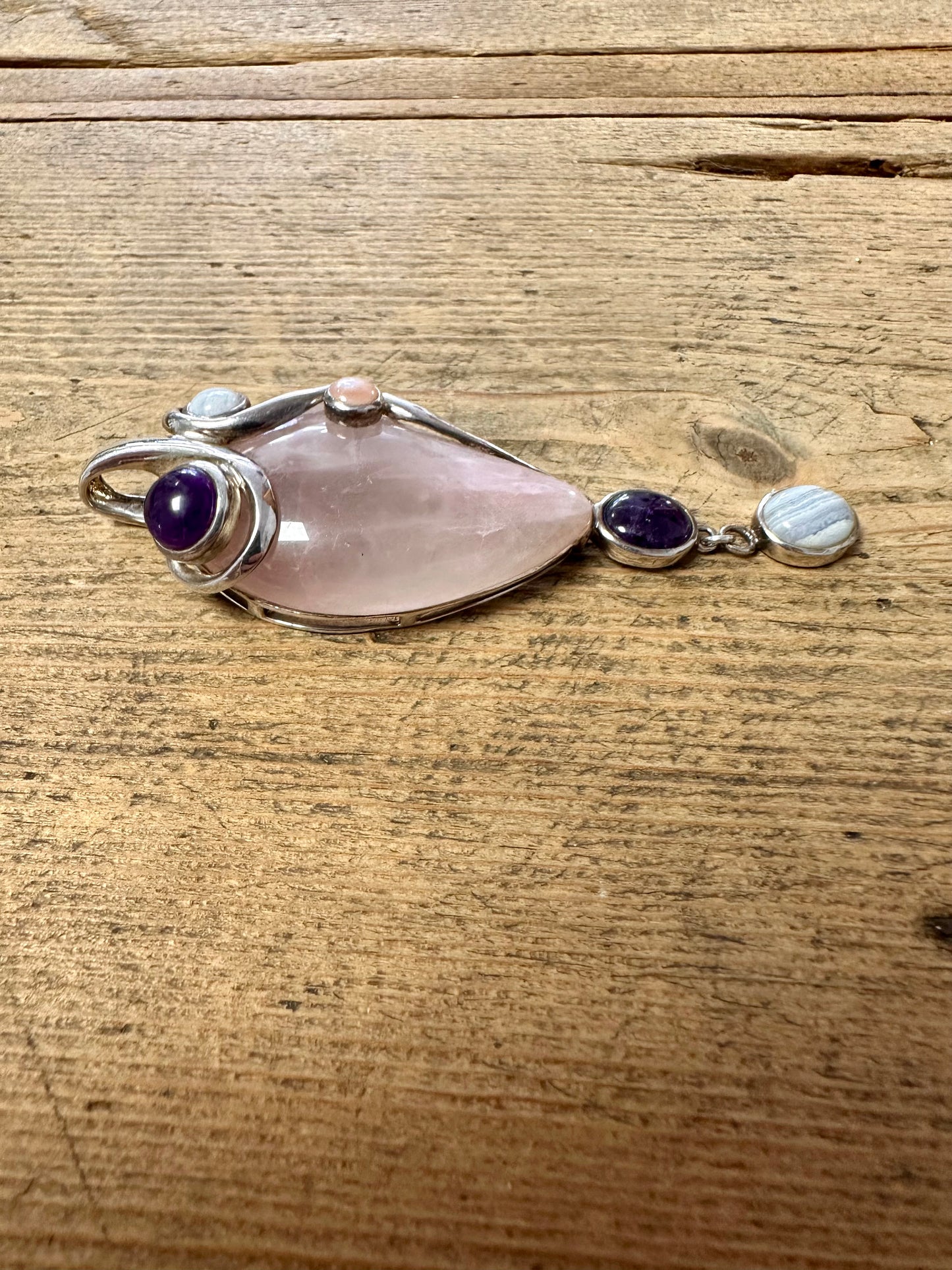 Abstract Rose Quarts Amethyst and Agate 925 Silver Pendant