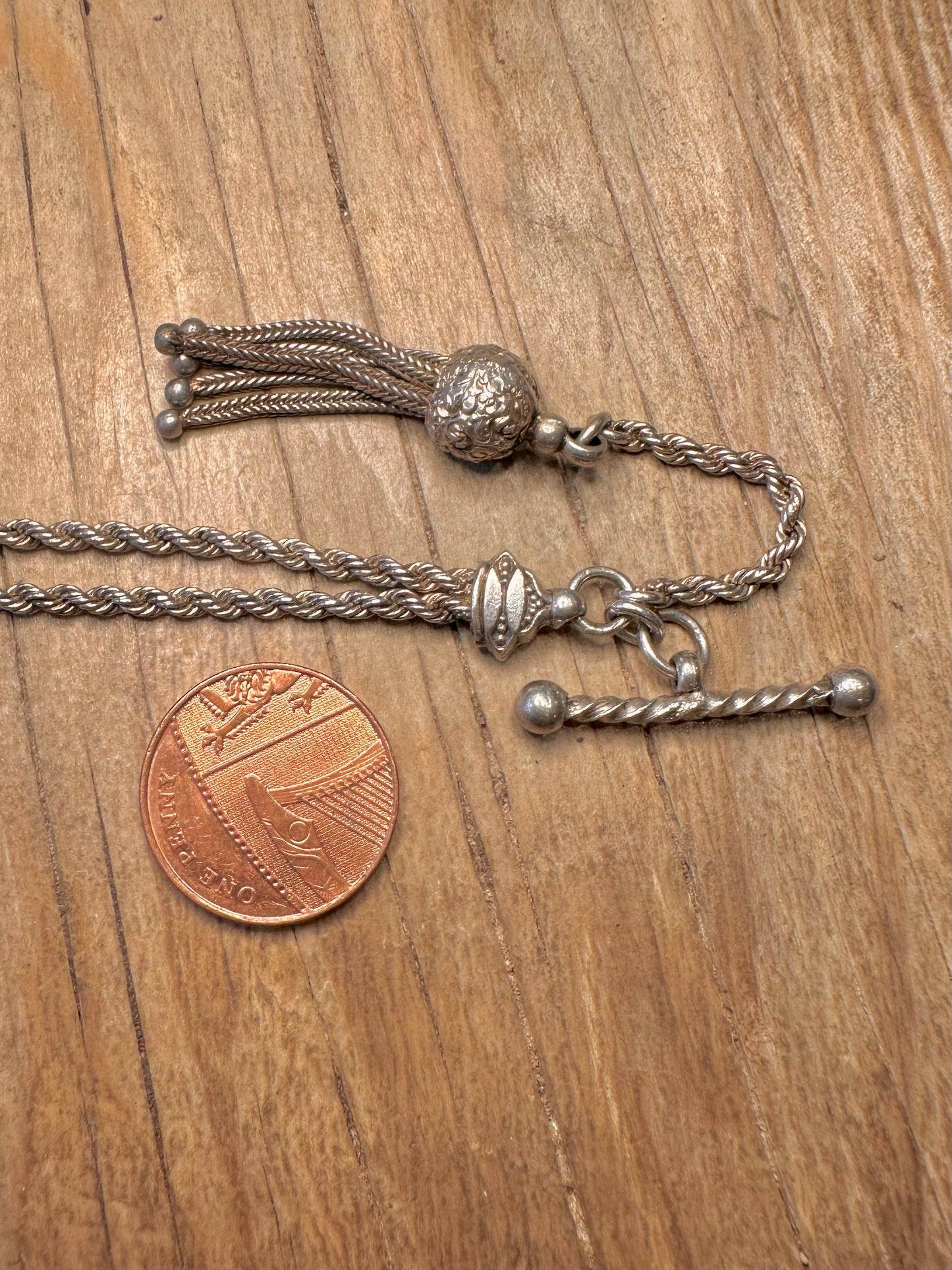 Antique Victorian Albertina Tassel T Bar 925 Sterling Silver 6.7 inch Bracelet