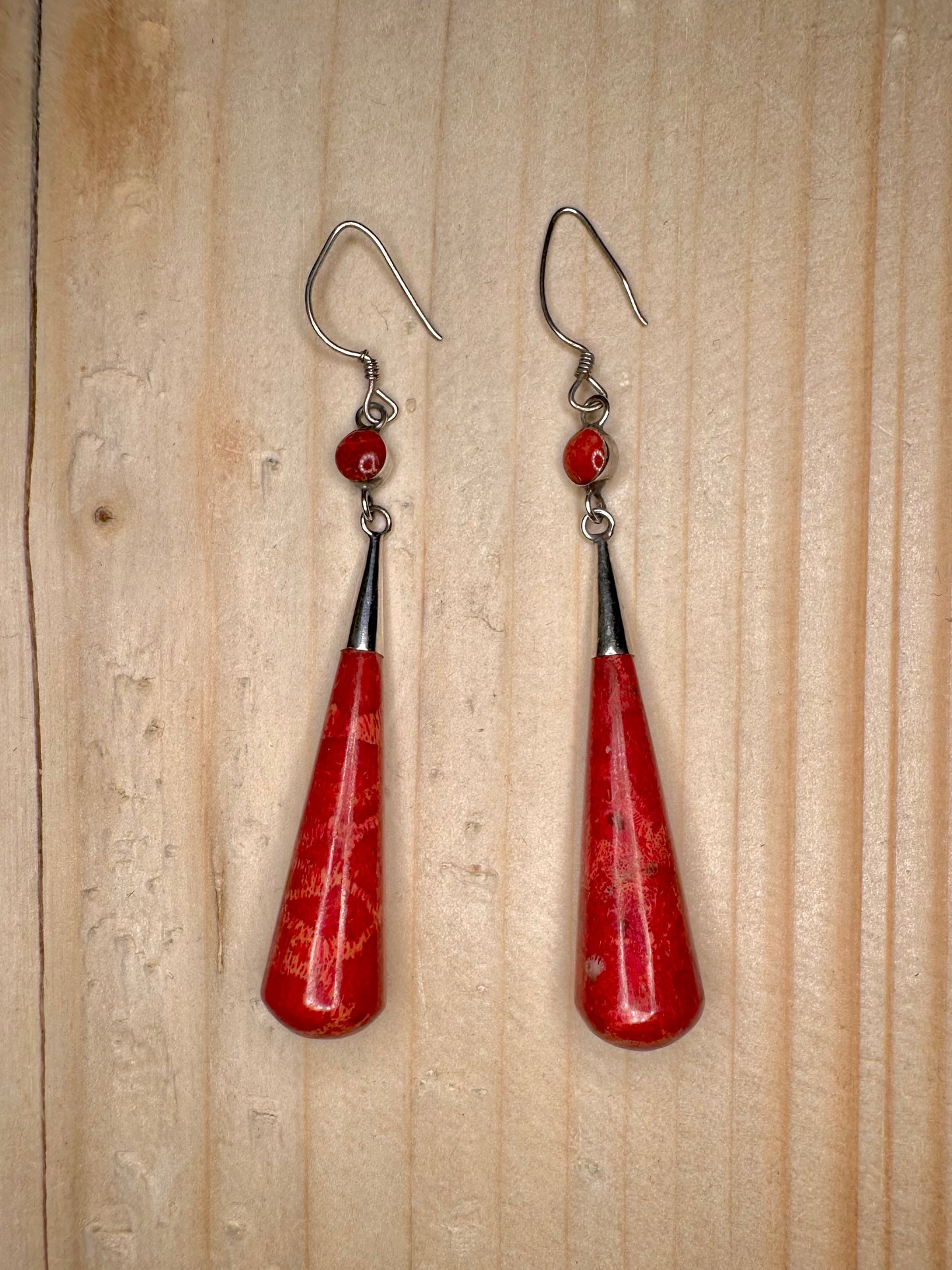 Red Coral Long Teardrop 925 Sterling Silver Earrings