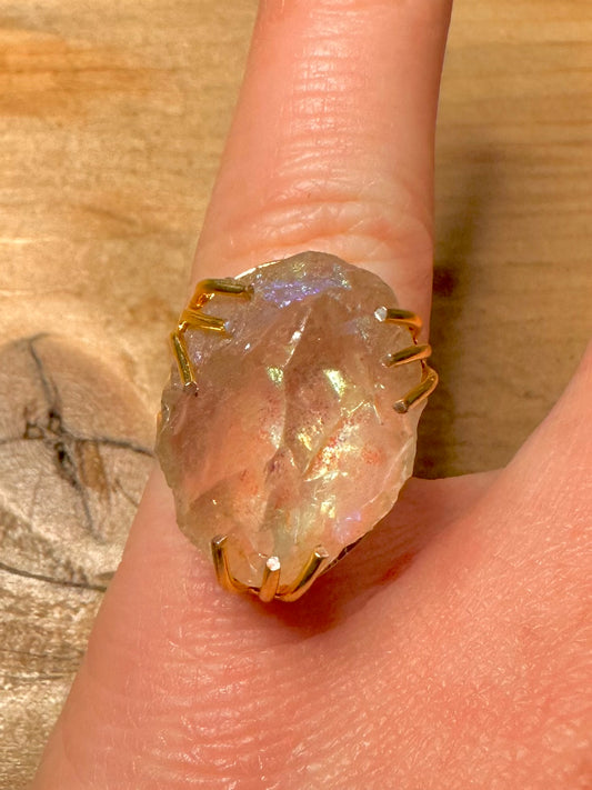 Abstract Raw Crystal Gold on 925 Silver Size L Ring