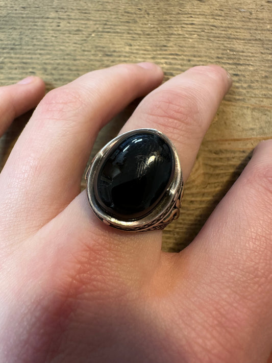 Vintage Black Stone Ornate 925 Silver Size T Ring