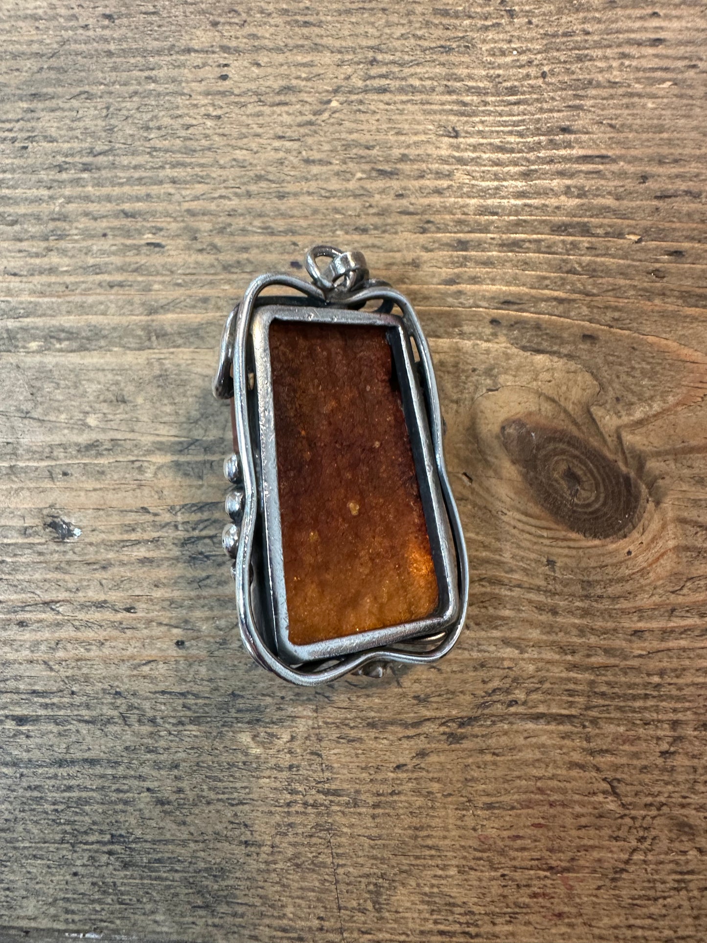 Vintage Ornate Rectangle Amber 925 Silver Pendant