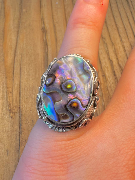 Large Abalone Floral Design and Swirls 925 Sterling Silver Size N Ring