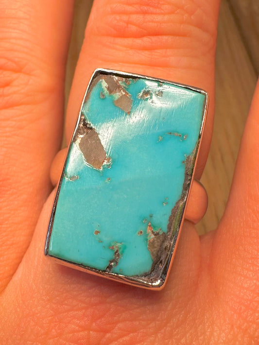 Vintage Rectangle Turquoise Hallmarked 925 Sterling Silver Size U1/2 Ring