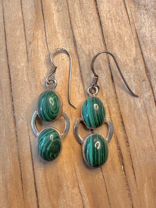 Vintage Malachite Dangle 925 Silver Earrings