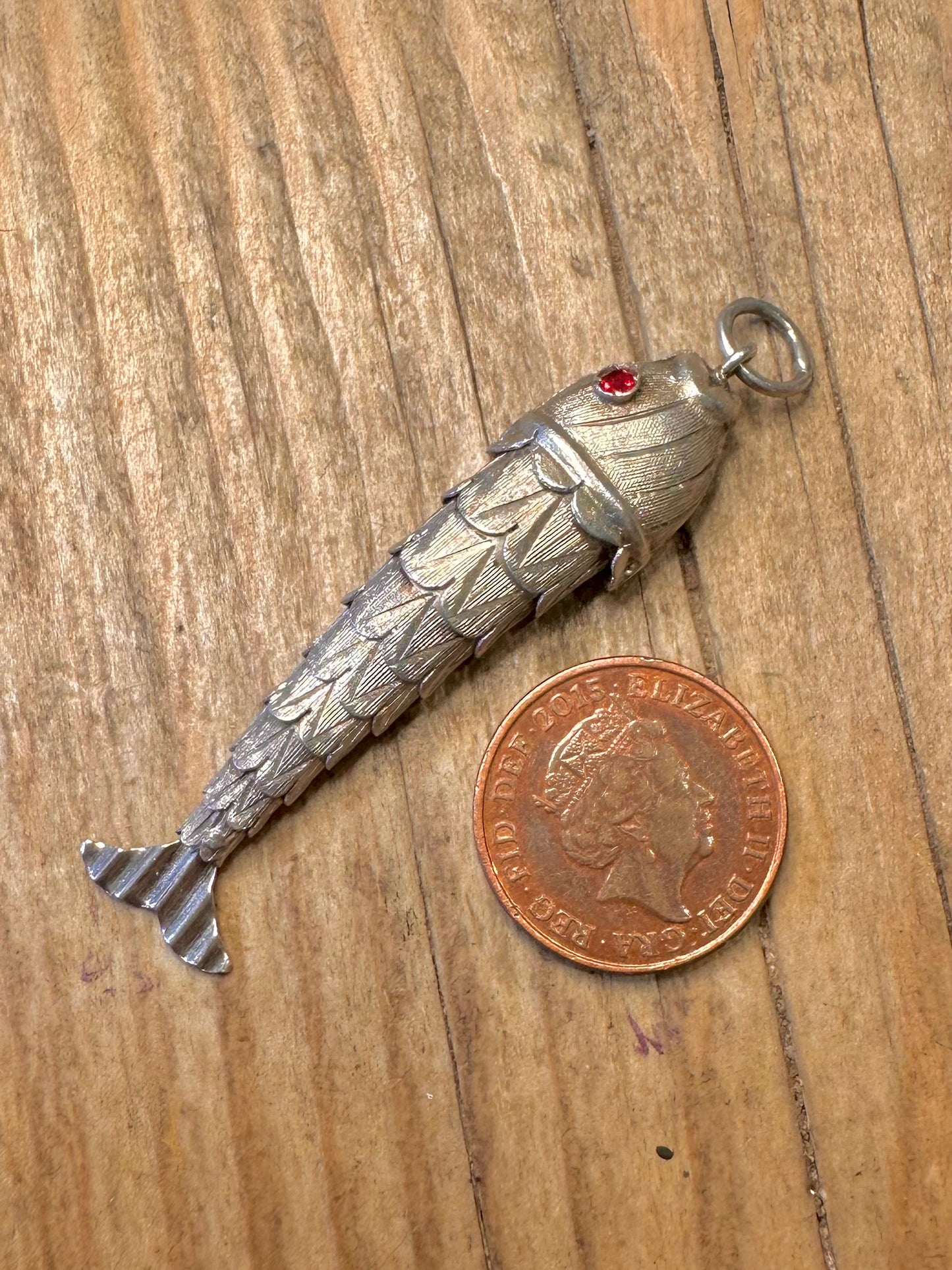 Vintage Articulated Red Stone Fish 925 Sterling Silver Pendant