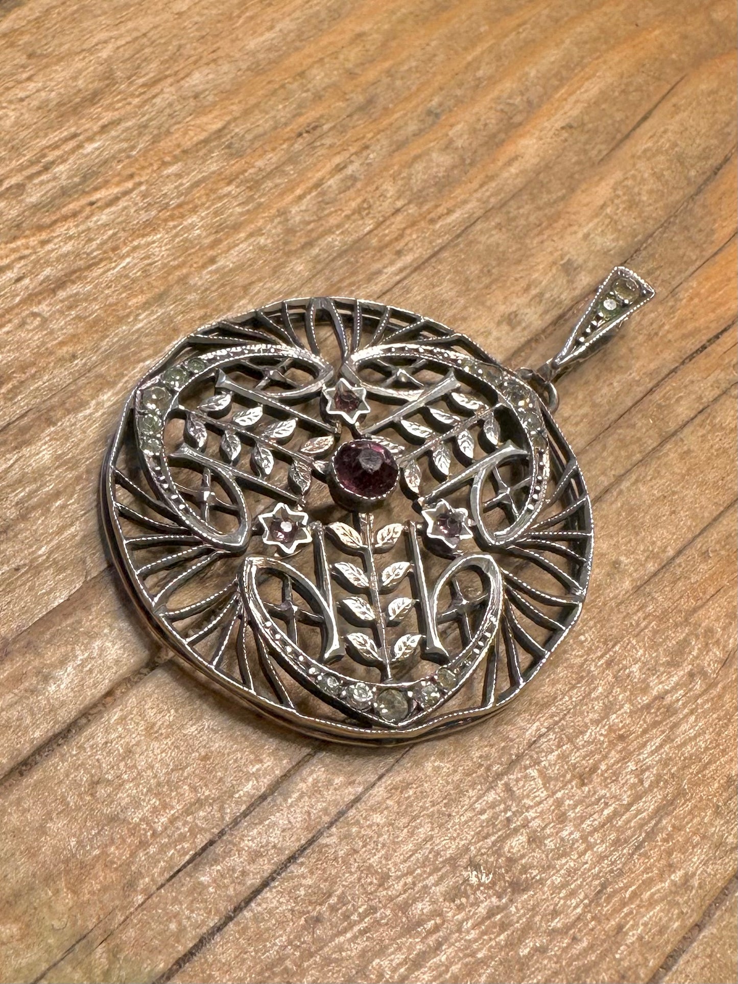 Antique Edwardian Filigree Floral Motif Purple and White Stone 925 Sterling Silver Pendant