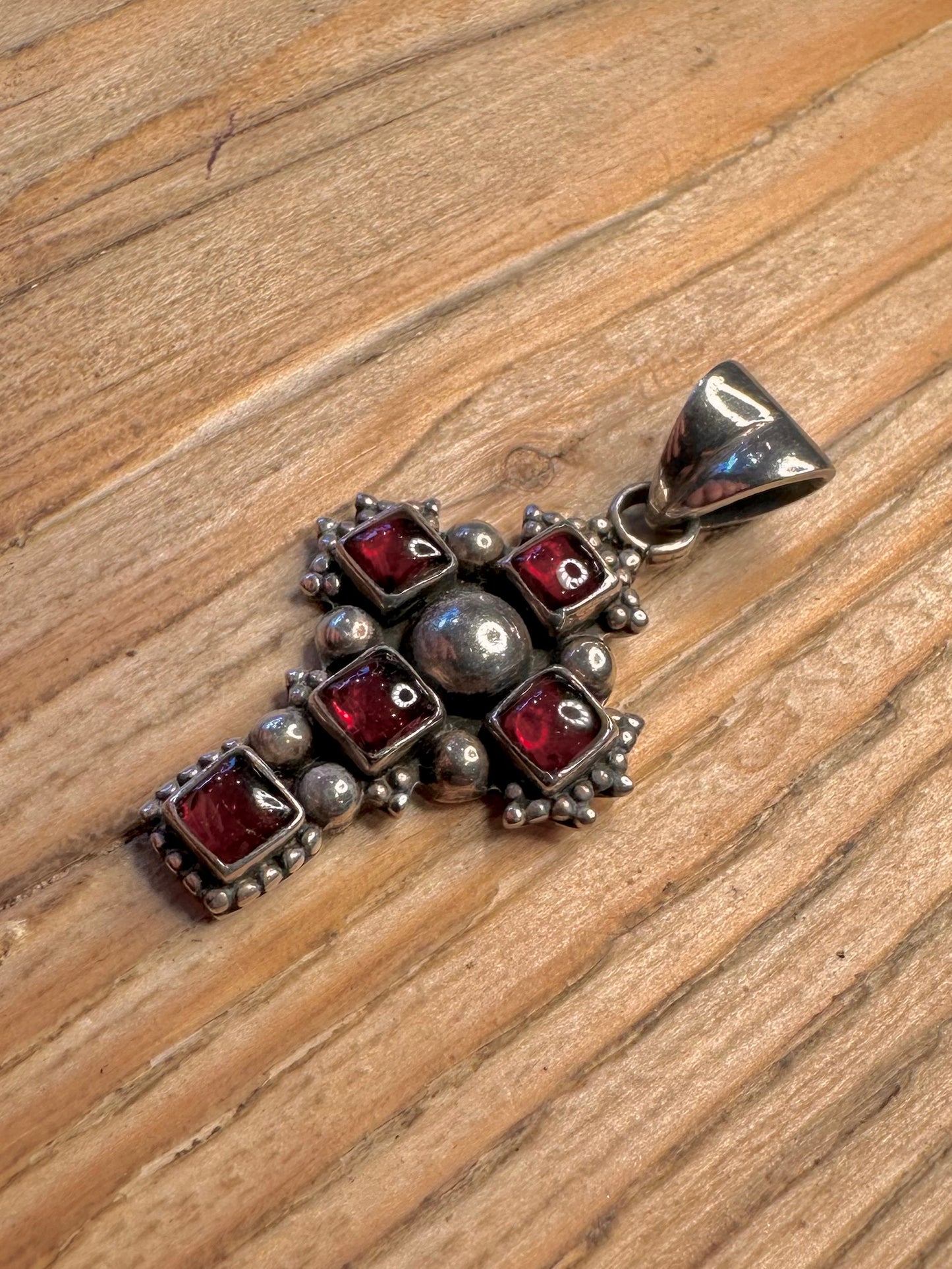 Vintage Garnet Cross 925 Sterling Silver Pendant