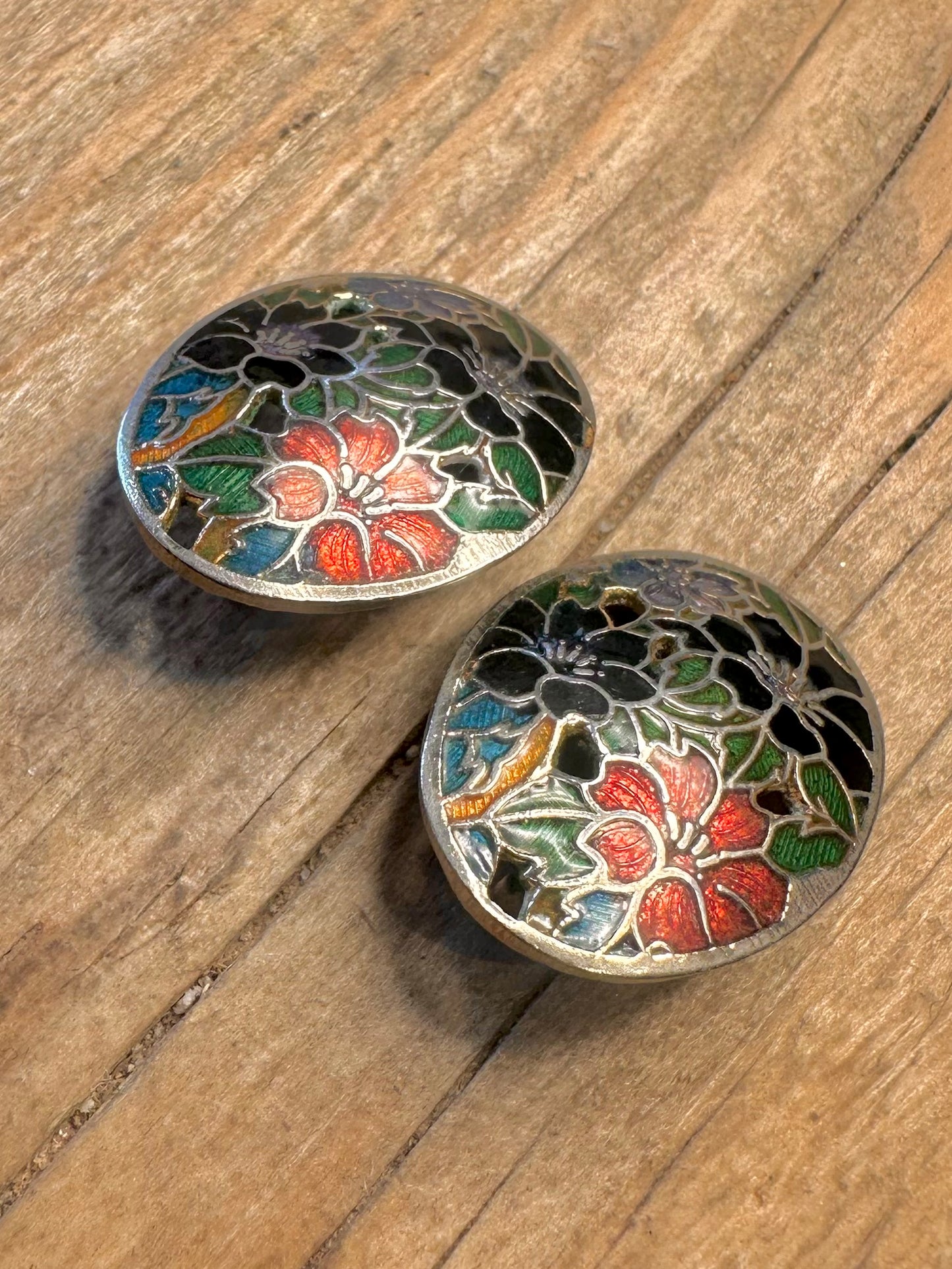 Vintage Cloisonné Enamel Floral Silver Tone Clip On Costume Earrings