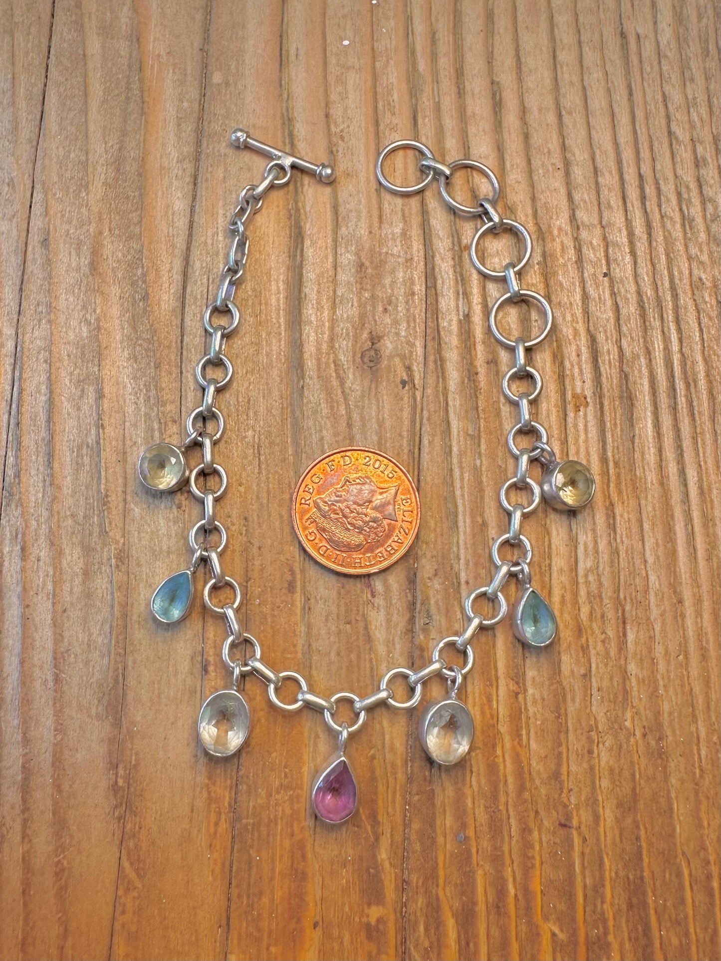 Multi Gemstone Circle Link 925 Sterling Silver 7 to 8.5 inch Bracelet