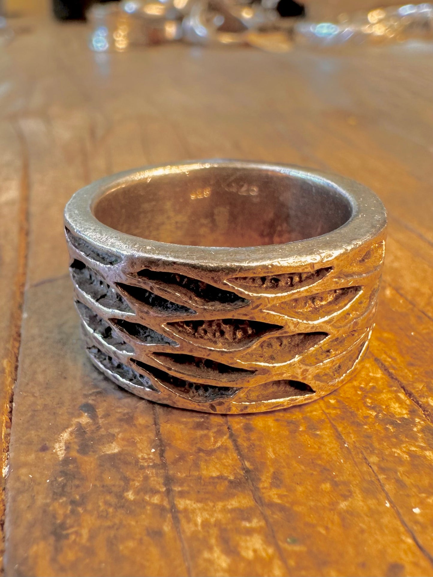 Abstract Chunky Hammered 925 Sterling Silver Size T Ring