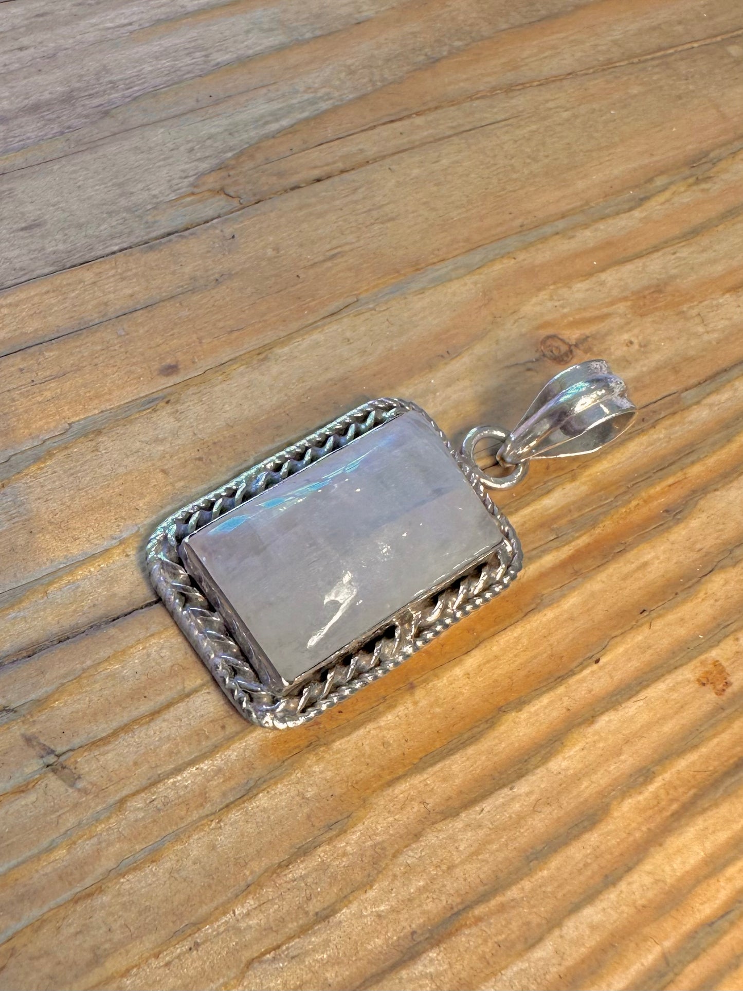 Moonstone Rectangle Rope Border 925 Sterling Silver Pendant