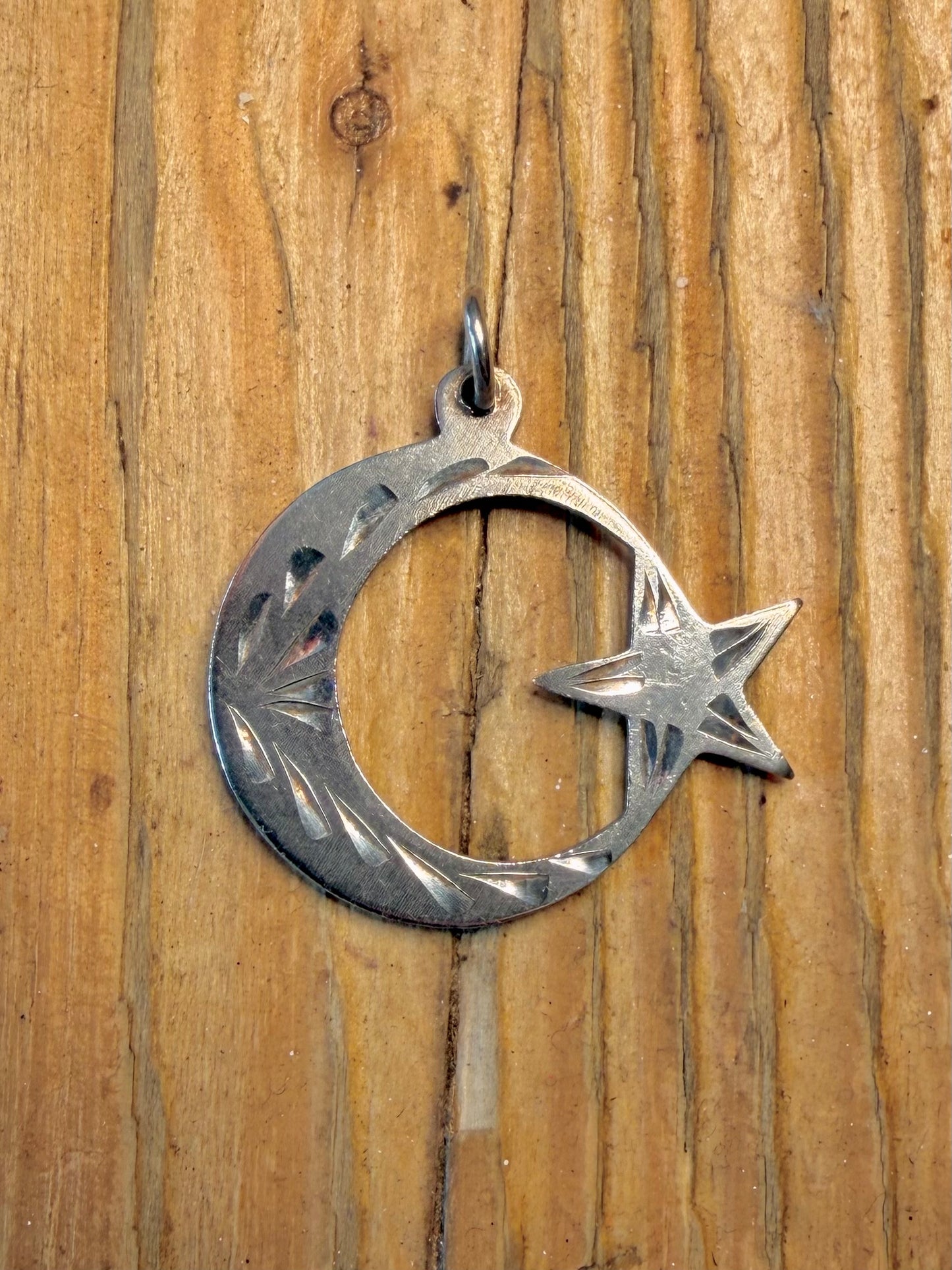 Crescent Moon and Star Engraved 925 Sterling Silver Pendant