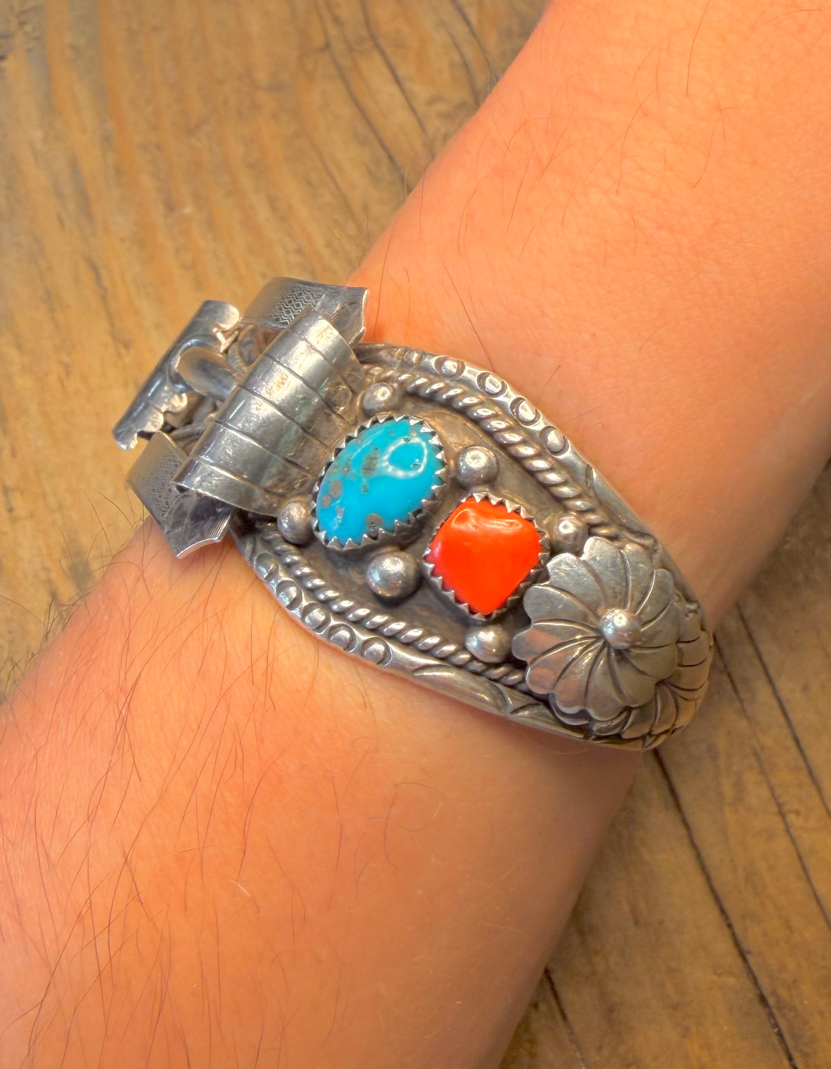 Native American Navajo Turquoise and Coral Watch Cuff Buckle Maker RB 925 Sterling Silver Bangle