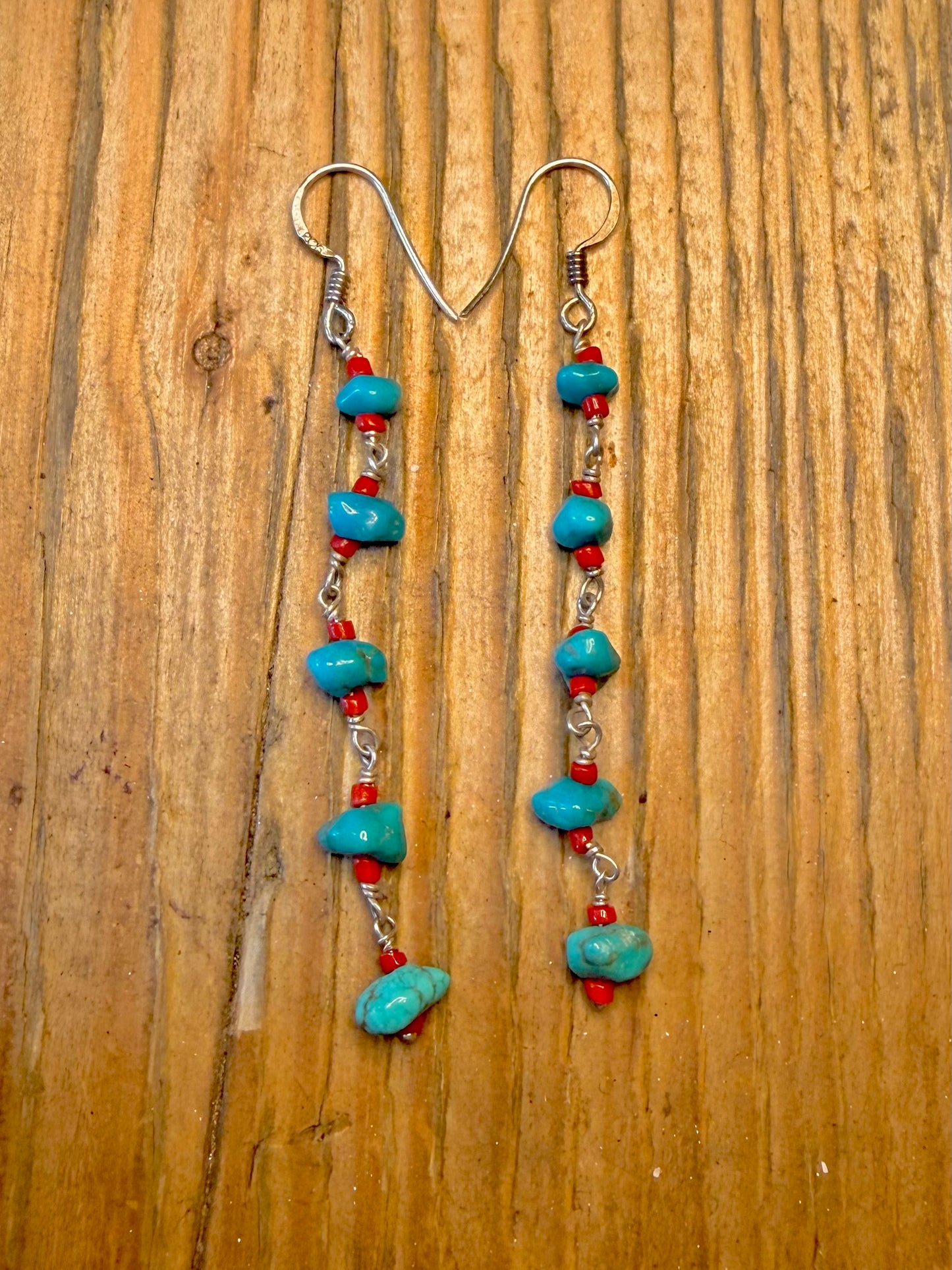 Turquoise and Coral Dangle 925 Sterling Silver Earrings