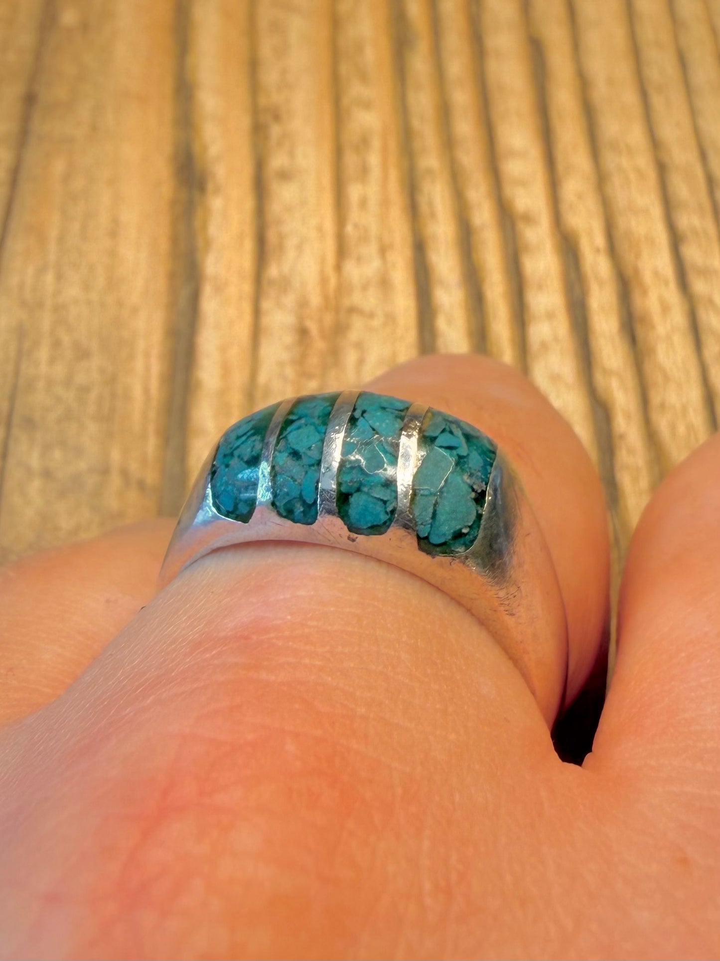 Chunky Turquoise Inlay Mexico 925 Sterling Silver Size W Ring