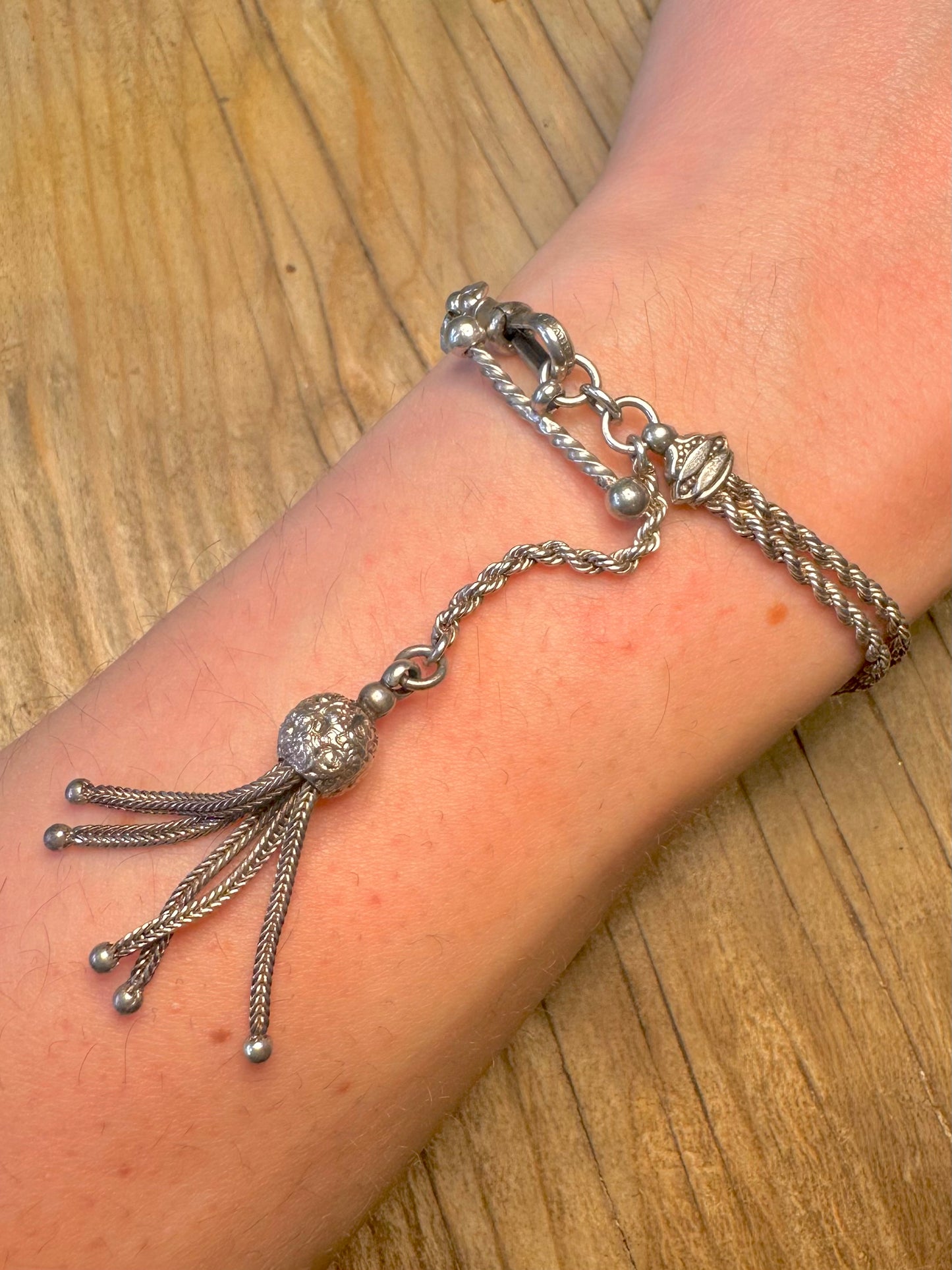 Antique Victorian Albertina Tassel T Bar 925 Sterling Silver 6.7 inch Bracelet