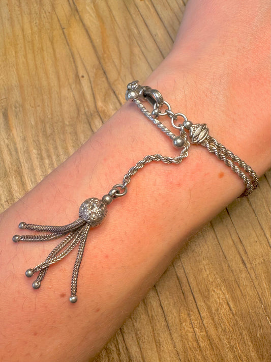 Antique Victorian Albertina Tassel T Bar 925 Sterling Silver 6.7 inch Bracelet