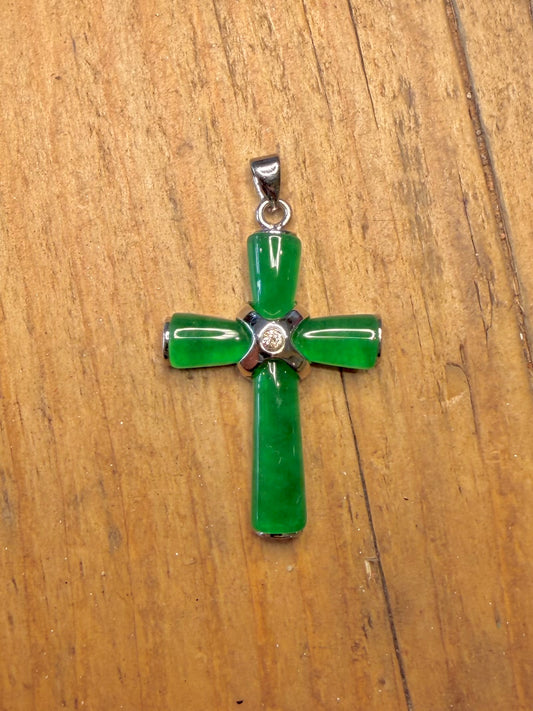 Modern Green Polished Jade White CZ Cross 925 Sterling Silver Pendant