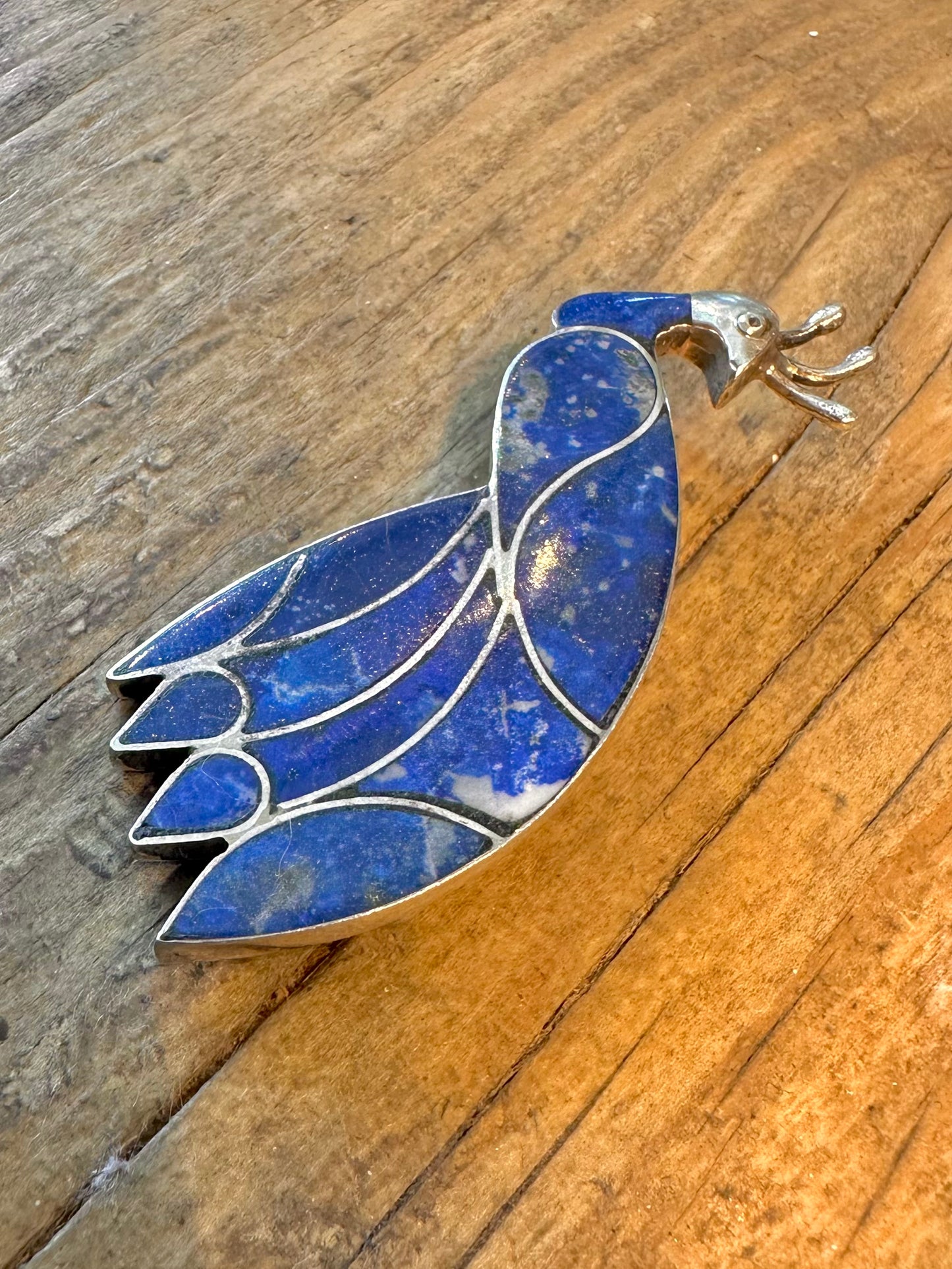 Pfauen-Lapislazuli-Intarsien-Anhänger/Brosche aus 950er Silber