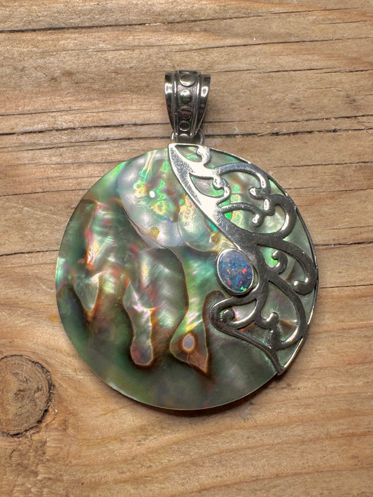 Vintage Abalone Blue Opal Circle 925 Sterling Silver Pendant