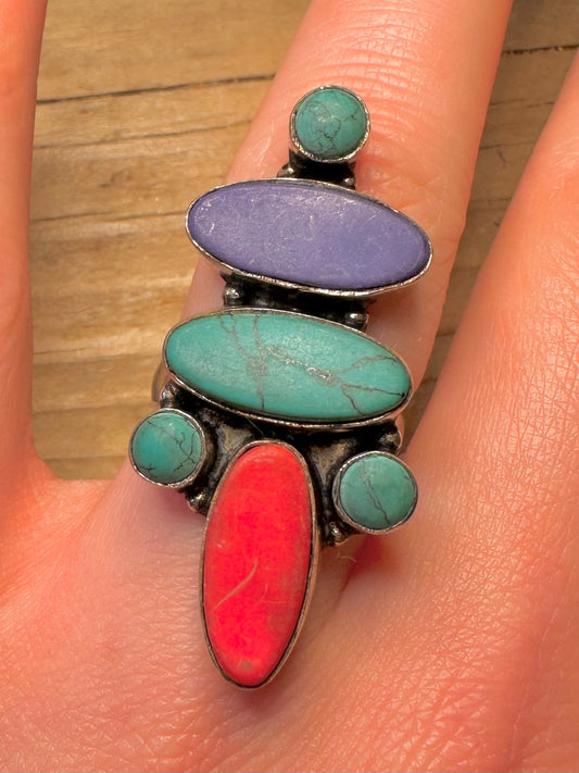 Vintage Large Turquoise and Coral 925 Sterling Silver Size P1/2 Ring
