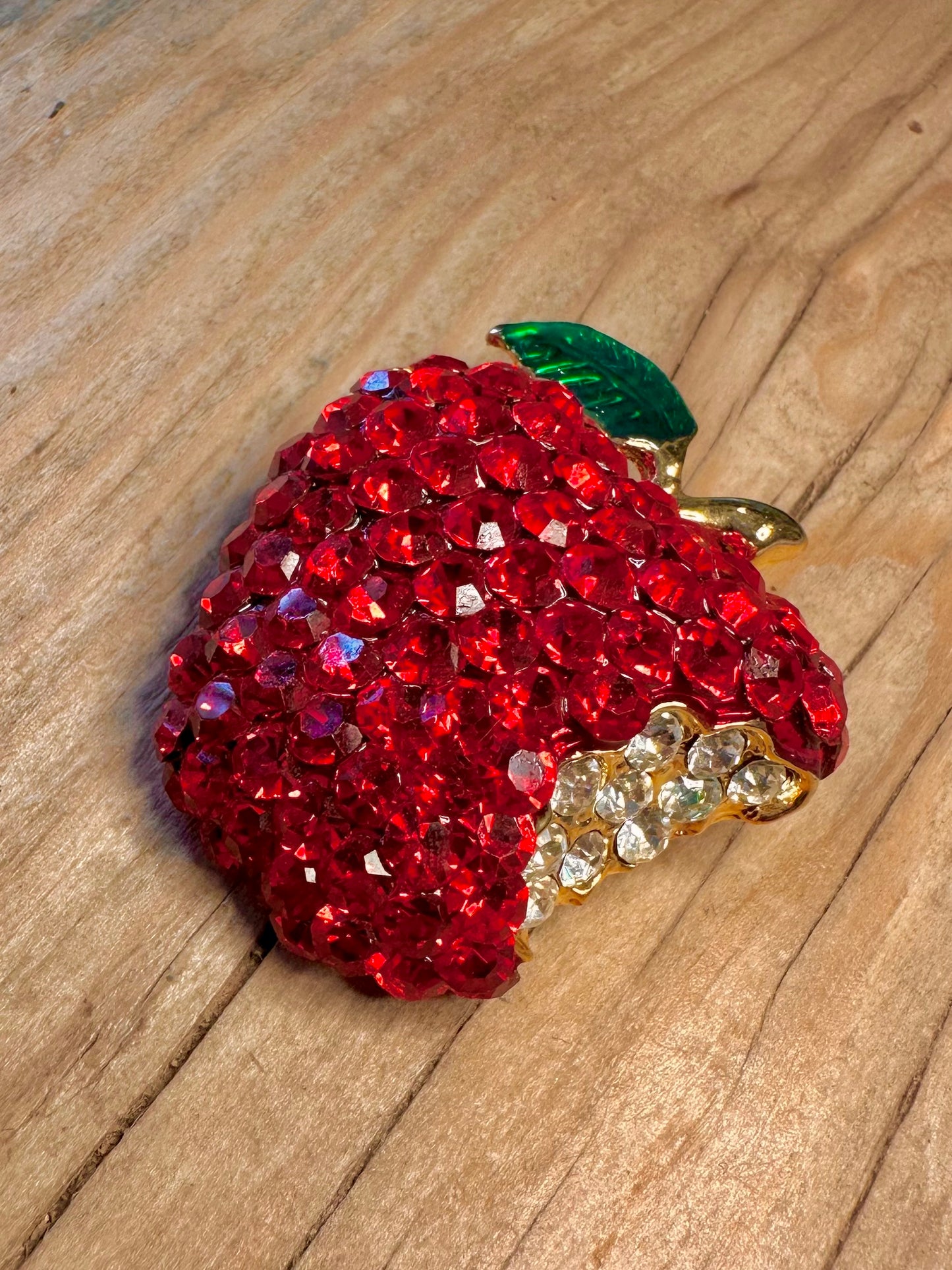 Vintage Red and White Stones Half Eaten Apple Gold Tone Costume Brooch
