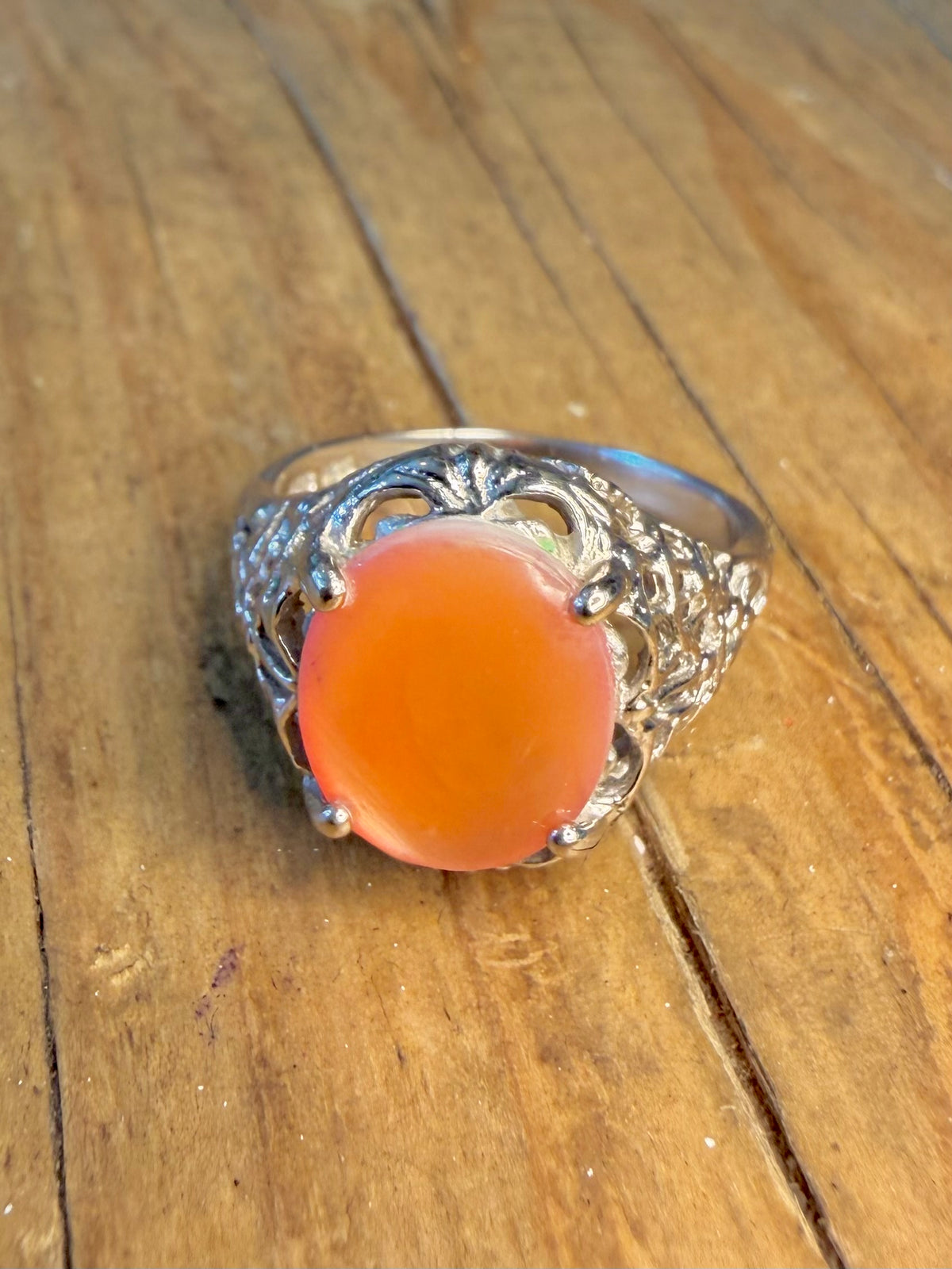 Peach Mother of Pearl Filigree 925 Sterling Silver Size Q Ring