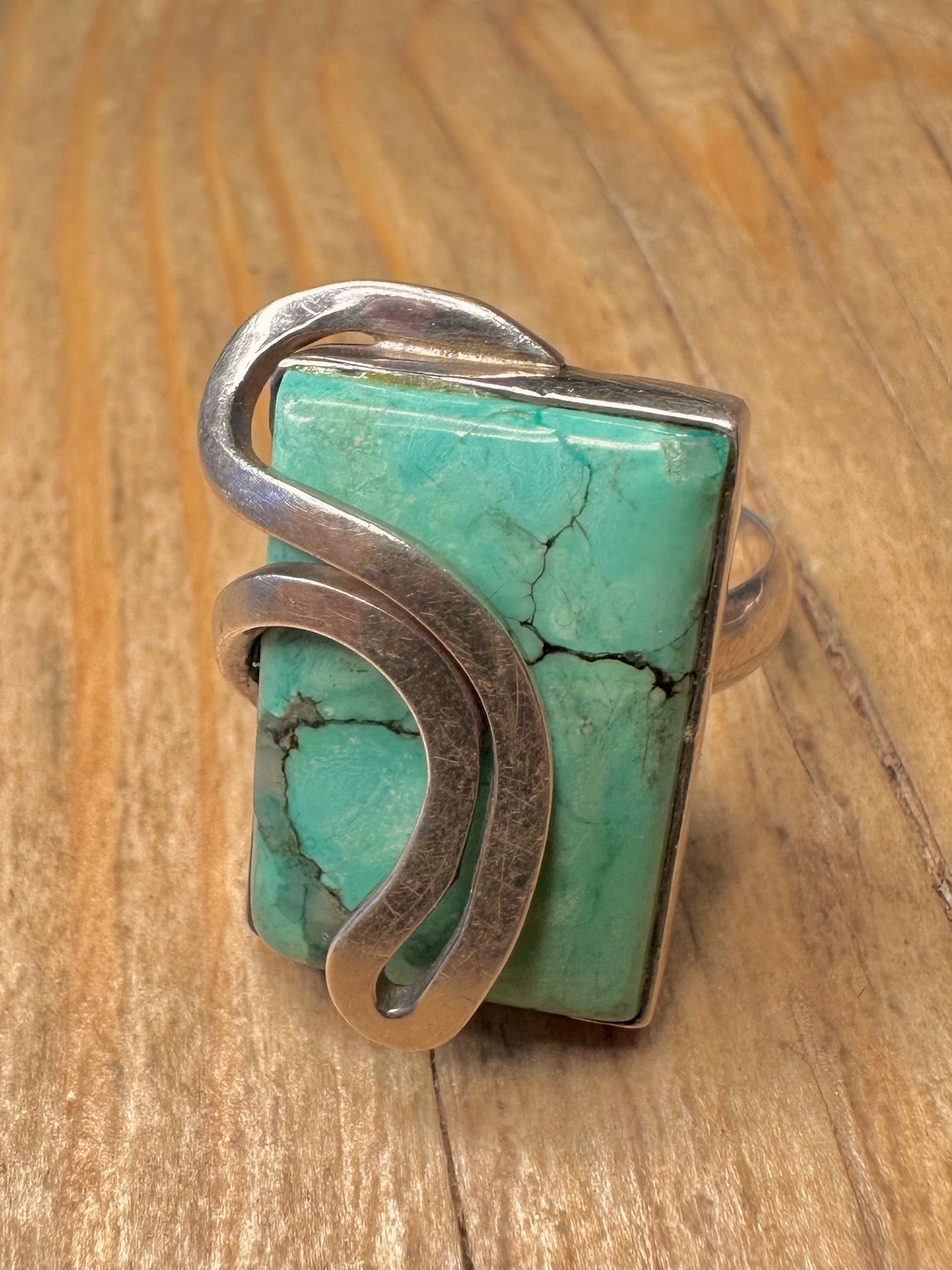 Abstract Wavy Turquoise Rectangle 925 Sterling Silver Size Q Ring