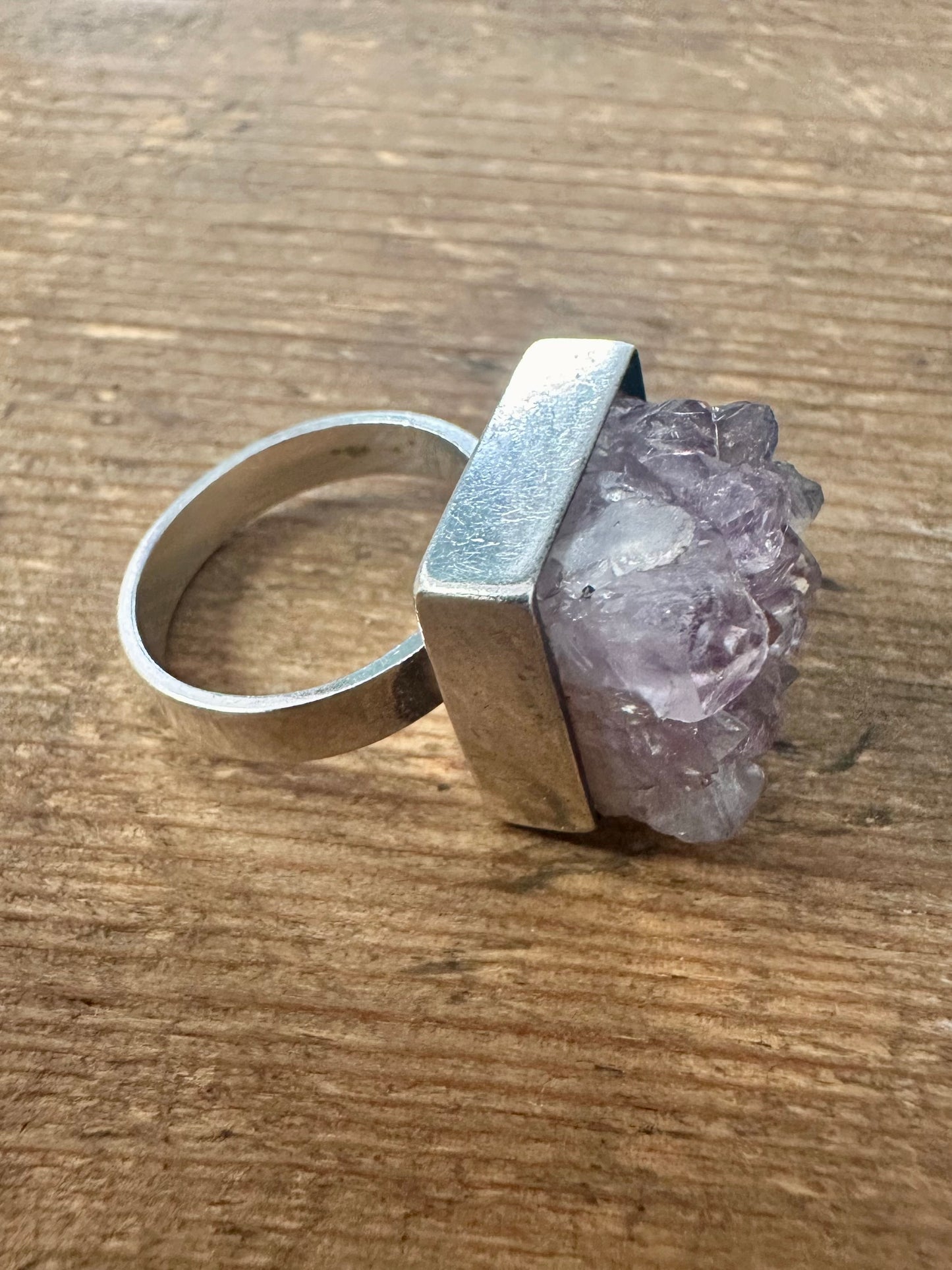 Vintage 1972 Raw Amethyst Square 925 Silver Size Q Ring