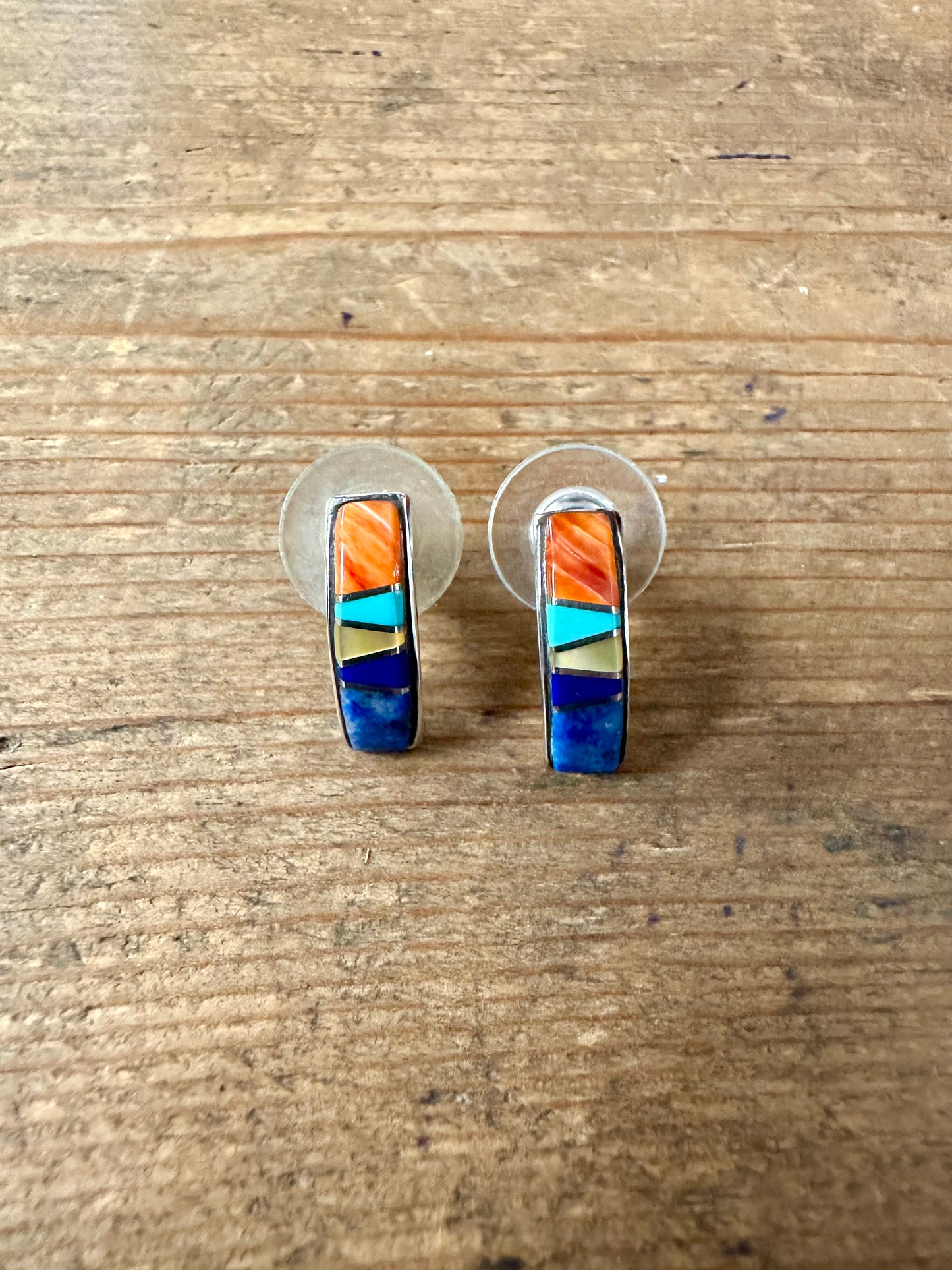 Vintage Navajo TSF Multi Stone Inlay 925 Silver Earrings