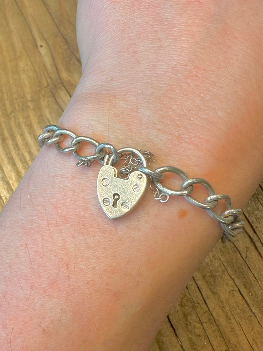 Heart Padlock 1975 Curb Chain with Safety Chain 925 Sterling Silver 7 inch Bracelet