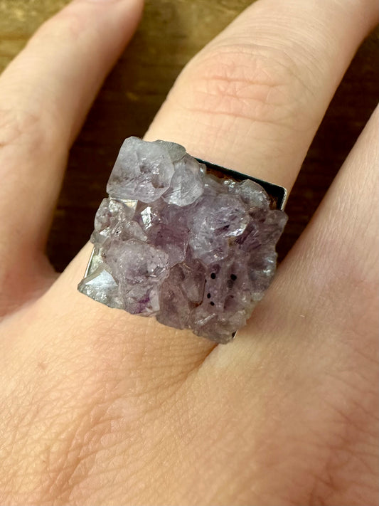 Vintage 1972 Raw Amethyst Square 925 Silver Size Q Ring