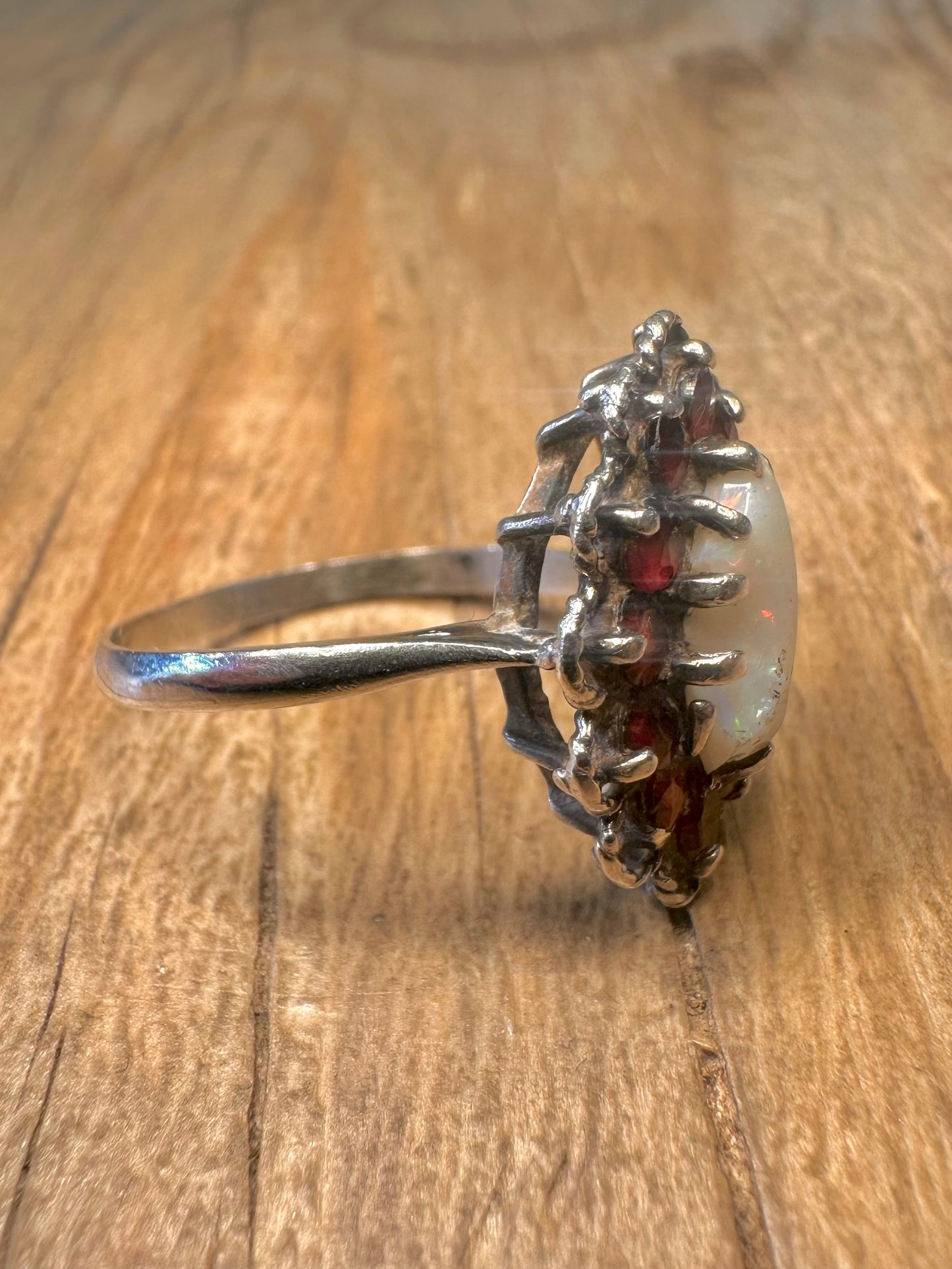 Vintage 1983 Opal and Garnet 925 Sterling Silver Size R Ring