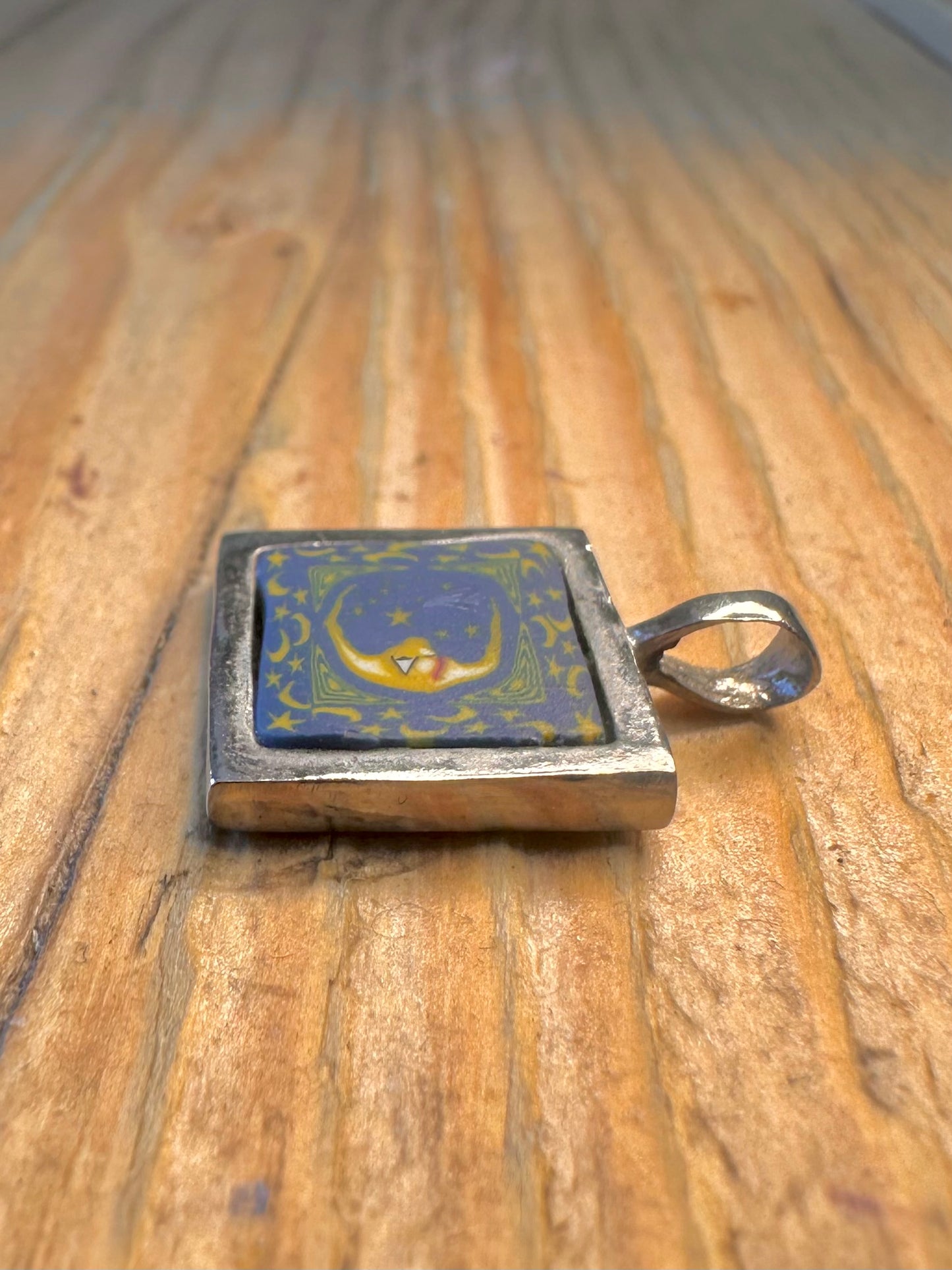 Celestial Square Painted Moon Silver Pendant