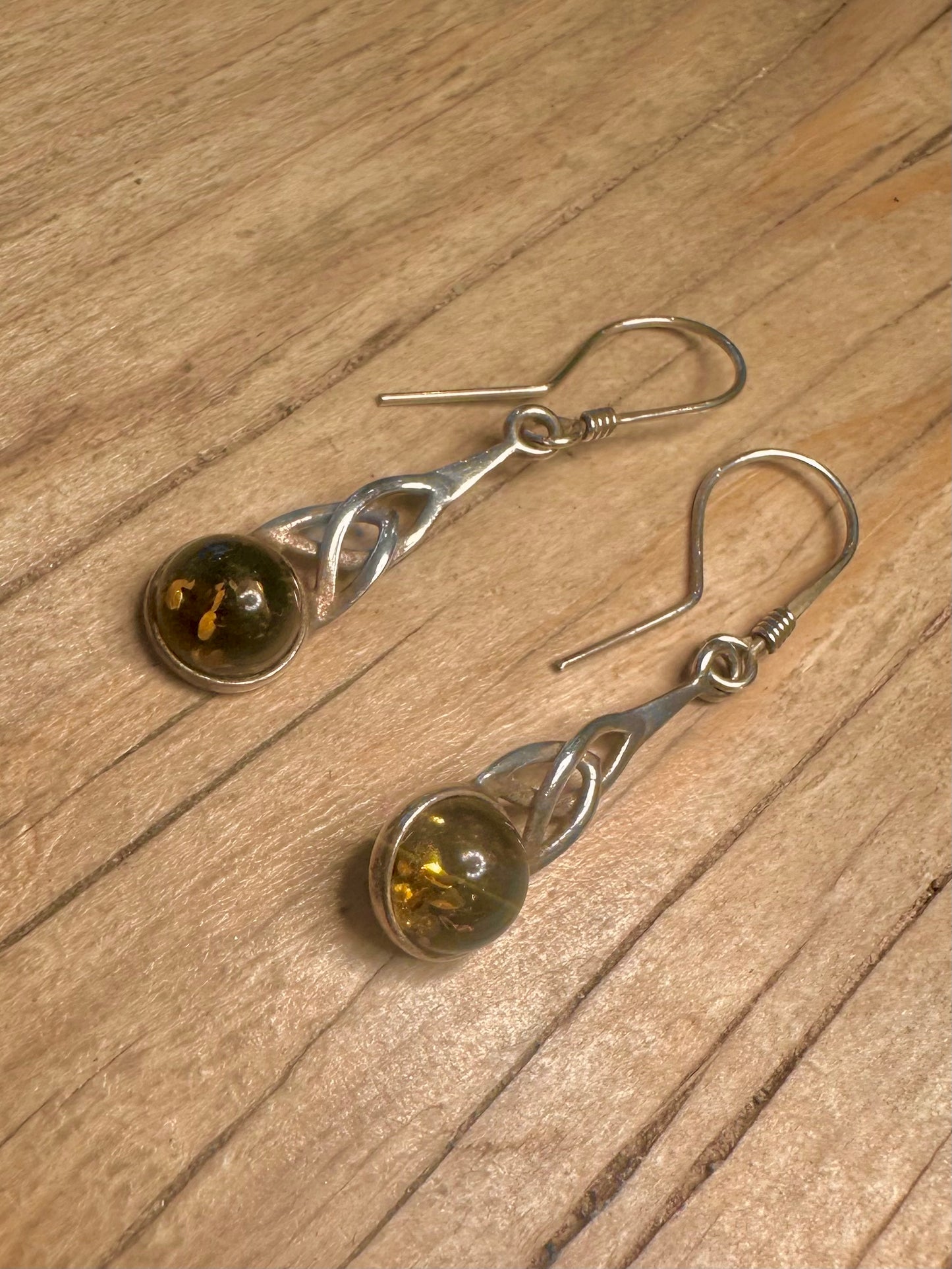 Vintage Green Amber Celtic 925 Sterling Silver Earrings