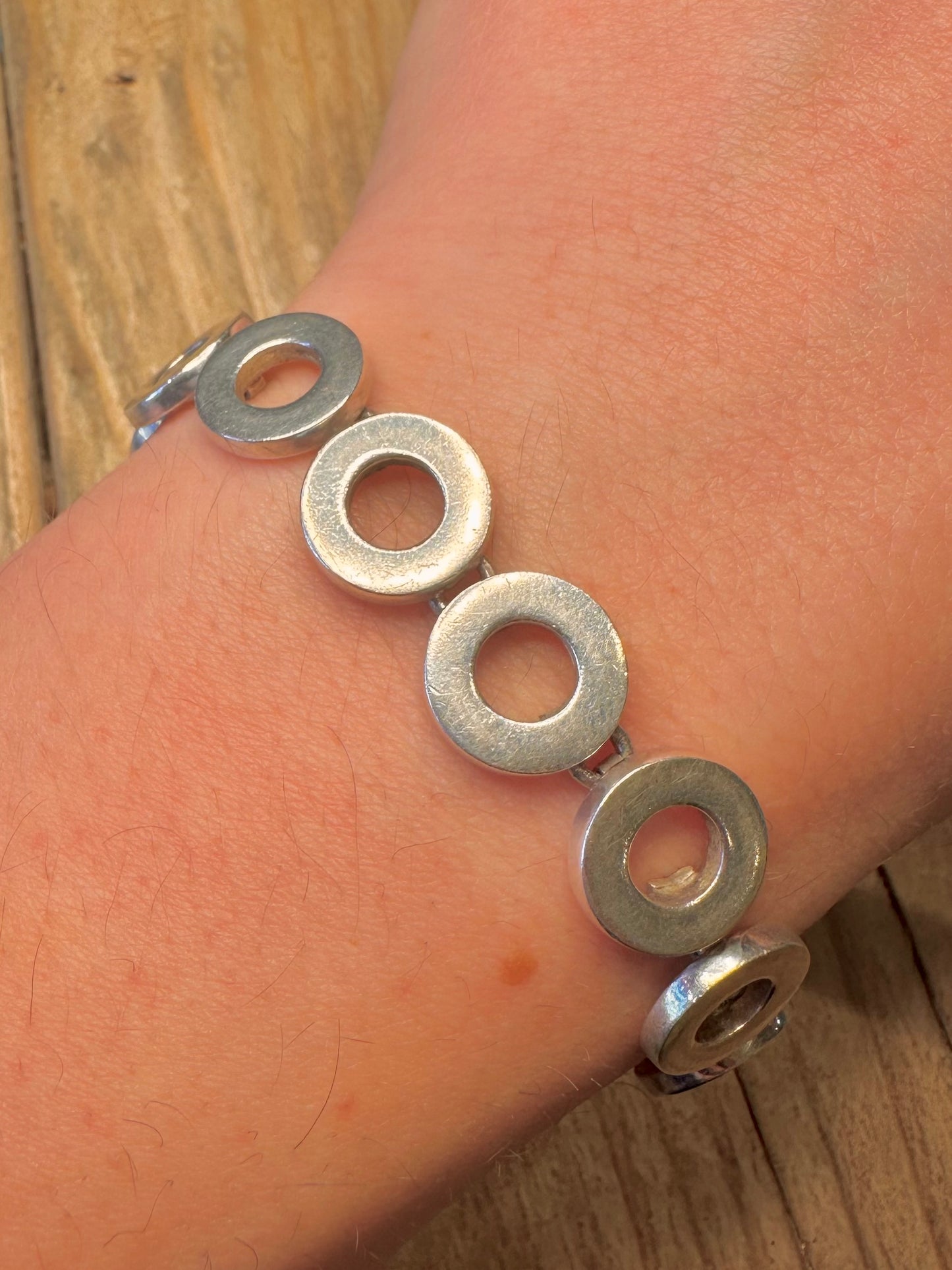 Abstract Heavy Circle Link T Bar 925 Sterling Silver 7.4 inch Bracelet