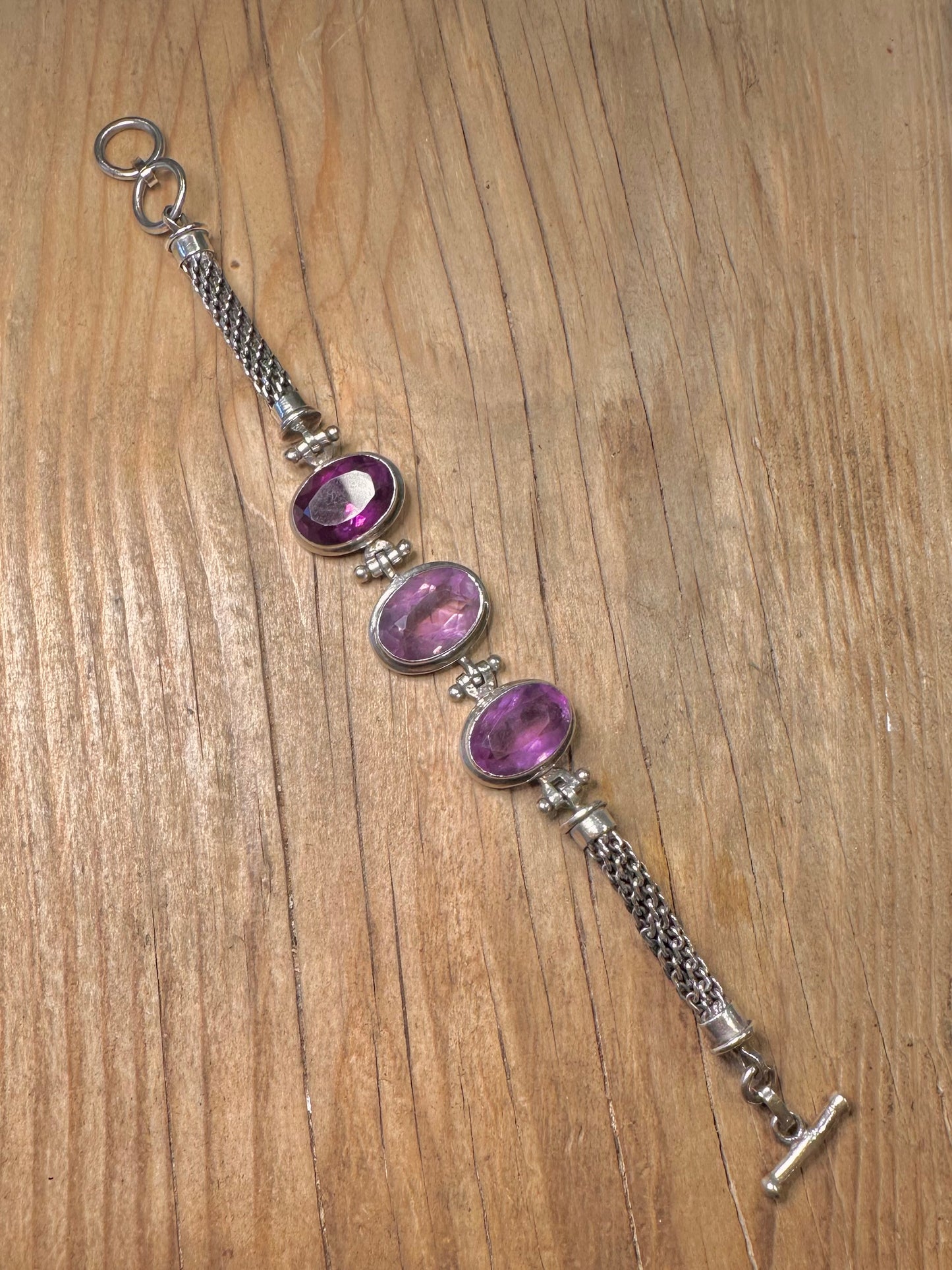 Vintage Three Faceted Amethyst Woven Chain T Bar 830 Silver 7.6 to 8.3 Inch Bracelet