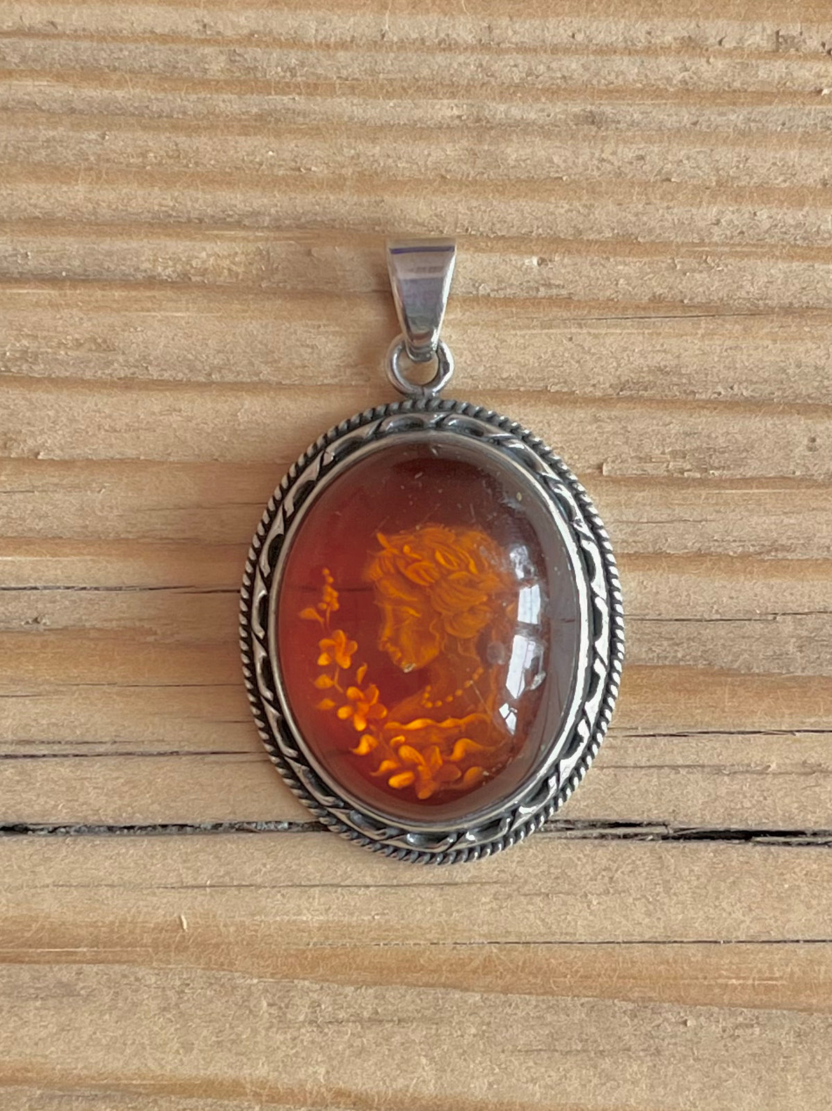 Large Oval Amber Flower Girl 925 Sterling Silver Pendant
