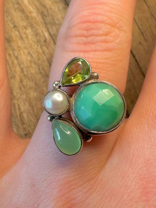 Faceted Green Stone Peridot Pearl 925 Sterling Silver Size P Ring