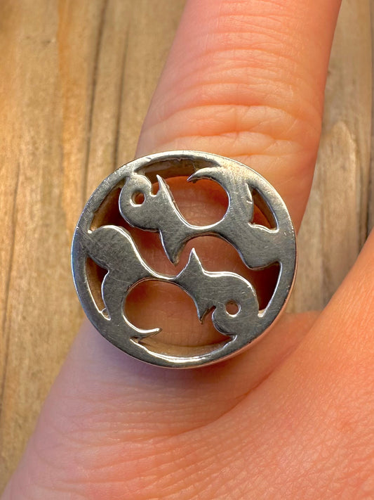 Vintage 1976 Two Fishes 925 Sterling Silver Size M Ring