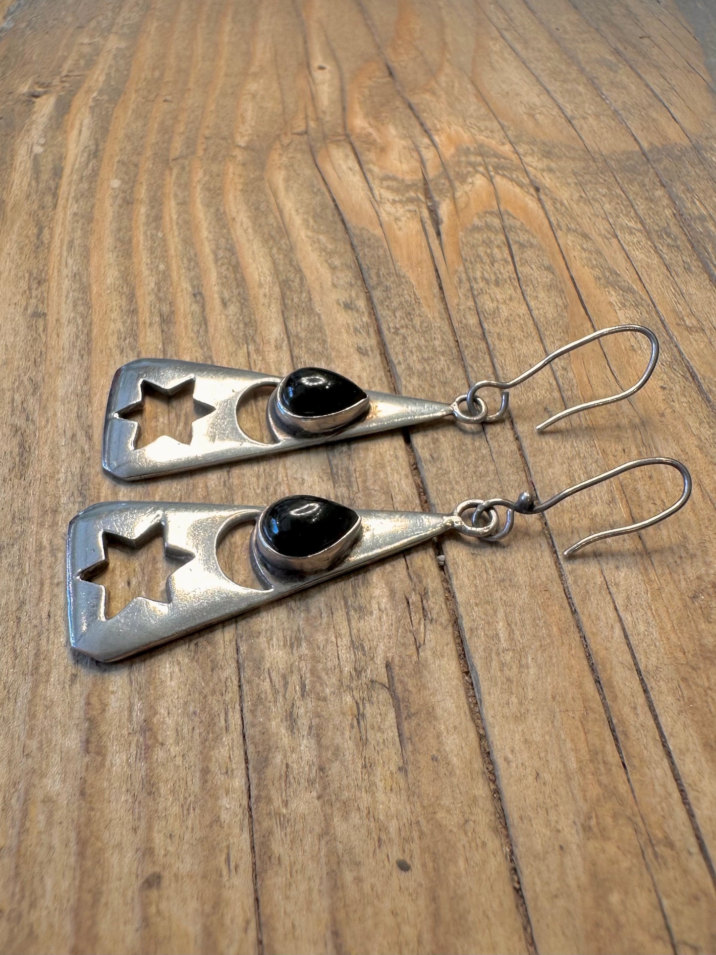 Sterne und Mond Schwarzer Stein Dreieck Hängeohrringe 925 Sterlingsilber