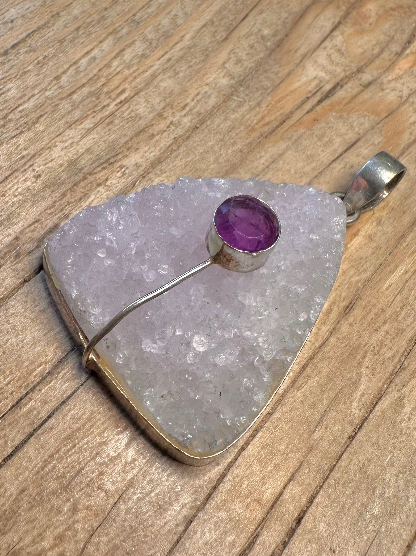 Vintage Druzy Triangle and Amethyst 925 Sterling Silver Pendant