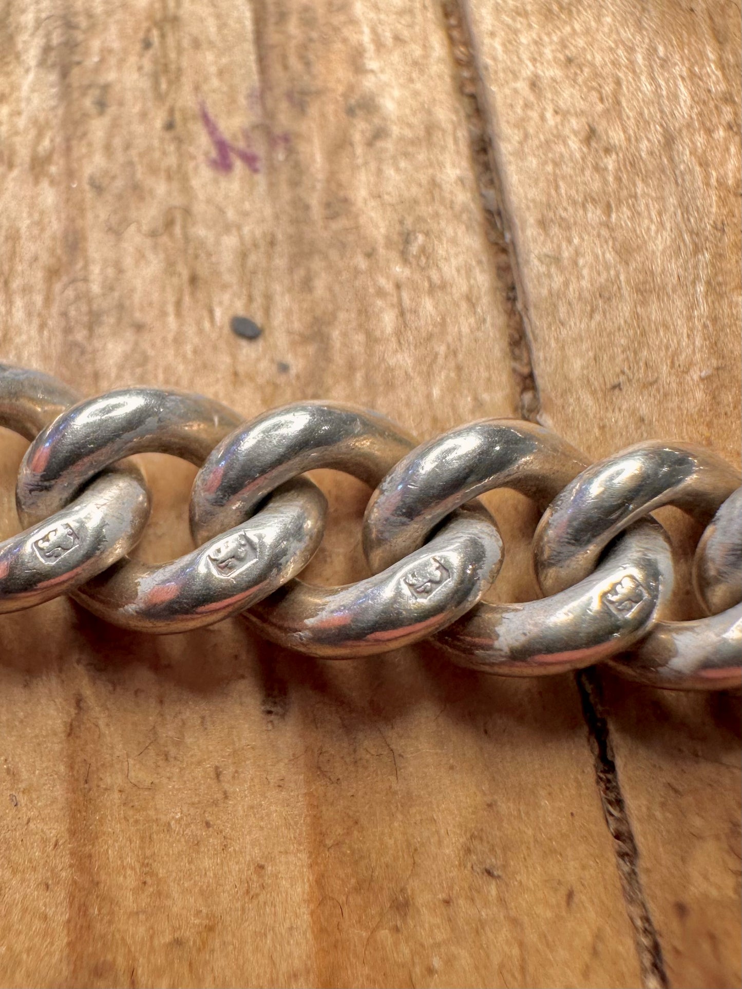 Antique 1907 Graduated Curb Chain T Bar Albert Clasp 925 Sterling Silver 8 inch Bracelet