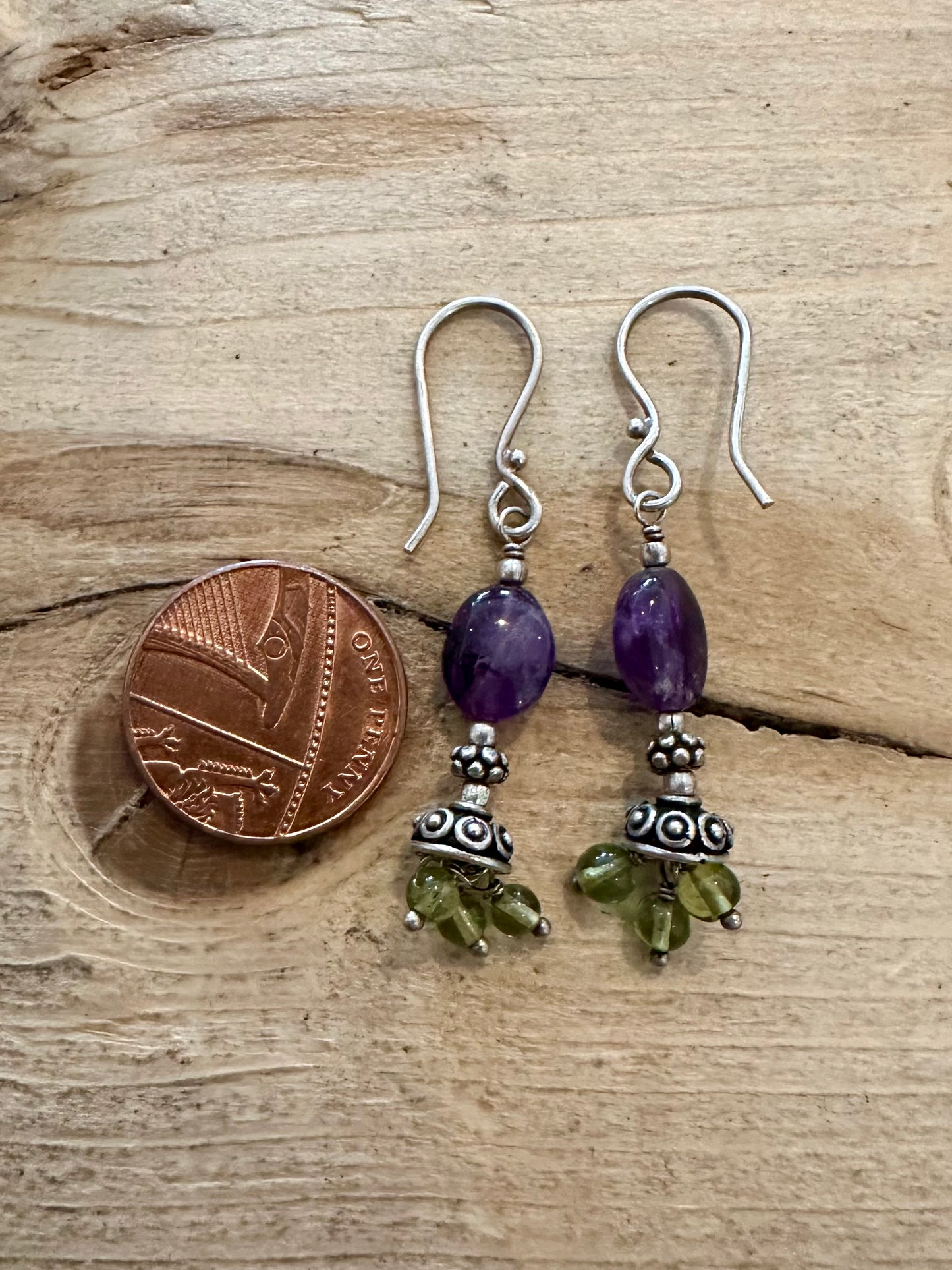 Vintage Amethyst and Peridot Dangle 925 Silver Earrings