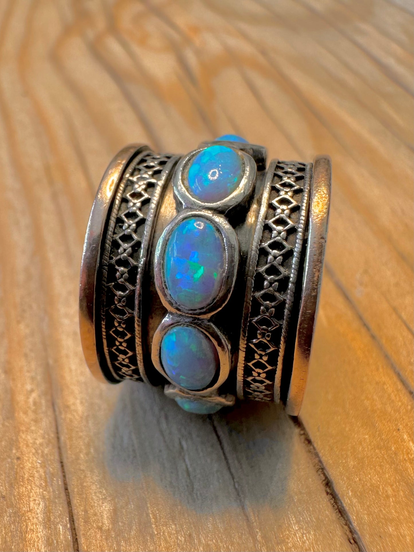 Vintage Opal Spinner Gold Plated Edge and 925 Silver Size L Ring