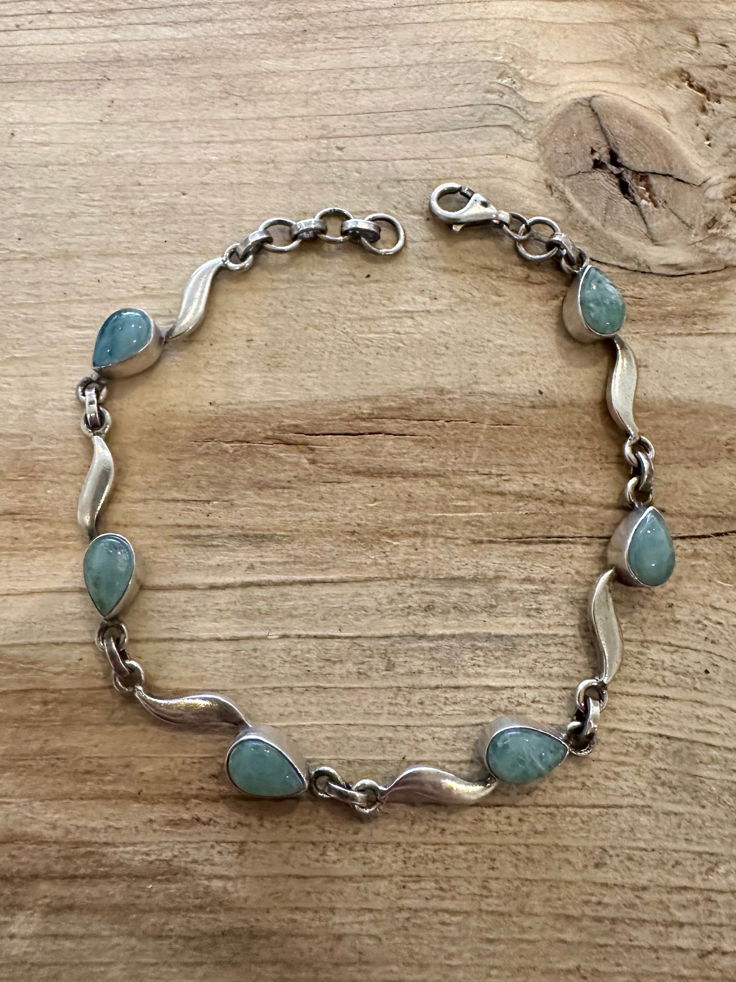 Vintage Green/Blue Stone Wave Link 925 Silver 8 to 8.5 inch Bracelet