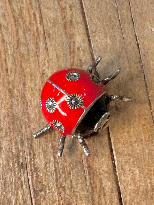 Vintage Lady Bug Enamel Marcasite 925 Sterling Silver Maker PT Brooch