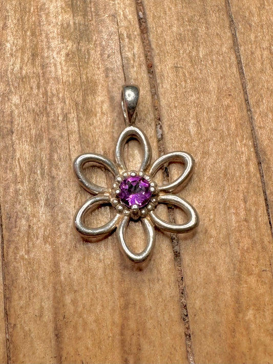 Vintage Amethyst Flower 925 Sterling Silver Pendant