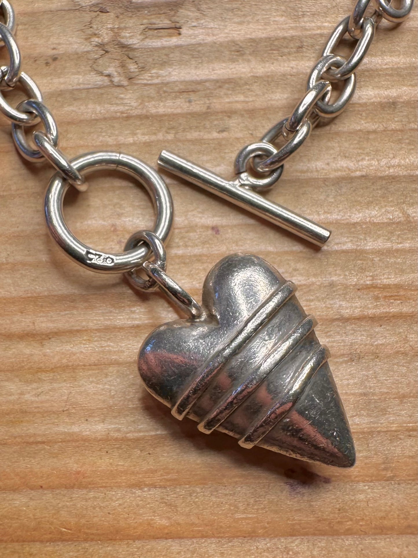 Vintage Abstrakt Herz T-Verschluss Ovale Kette 925 Sterling Silber 19 cm Armband